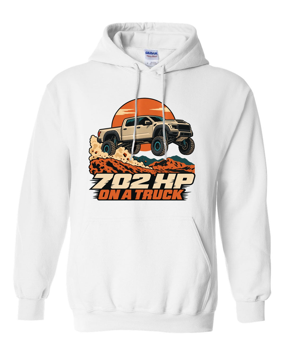 Vector poster print of a Ram 1500 TRX jumping a dune with the text 702 HP white pull over hoodie front view with the design