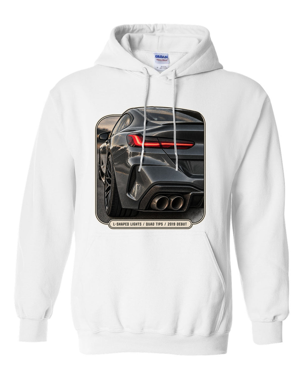BMW M8 Competition F92 taillight detail macro print on a tee white pull over hoodie front view with the design