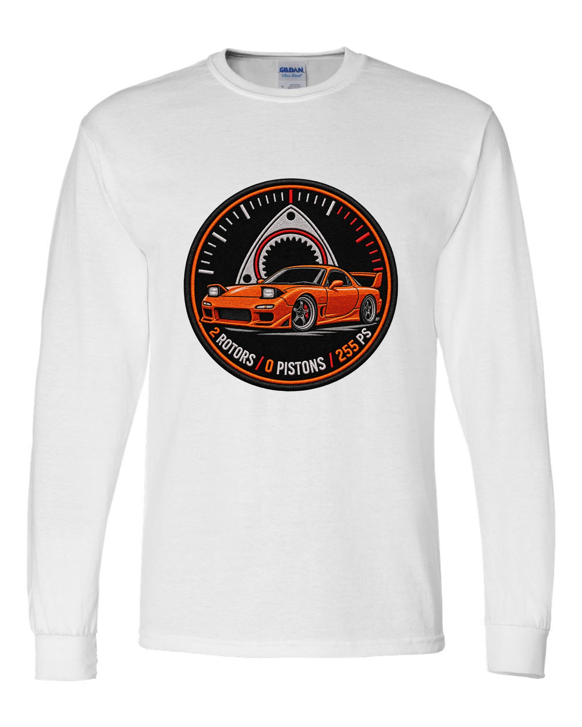 Round embroidery-style crest print for the Mazda RX-7 FD3S with 2 rotors 0 pistons 255 PS lettering white long sleeve front view with the design