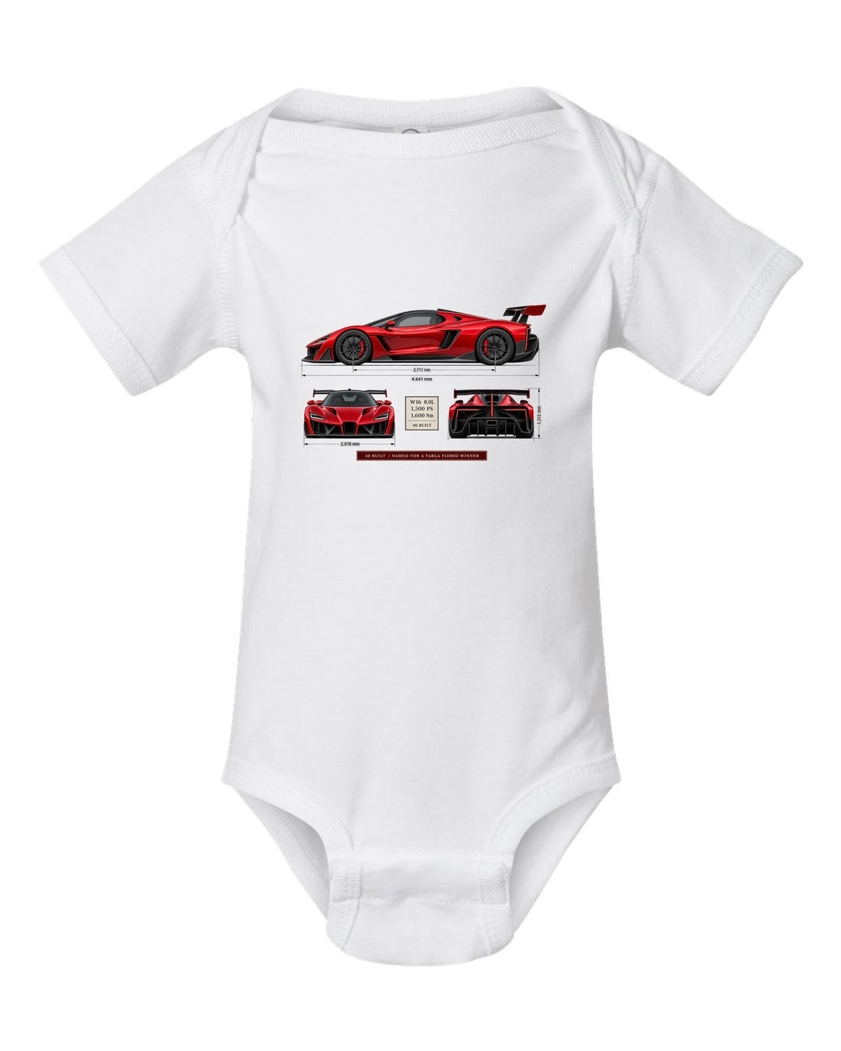 Bugatti Divo three-view print with spec table, 40 built white baby onesie front view with the design