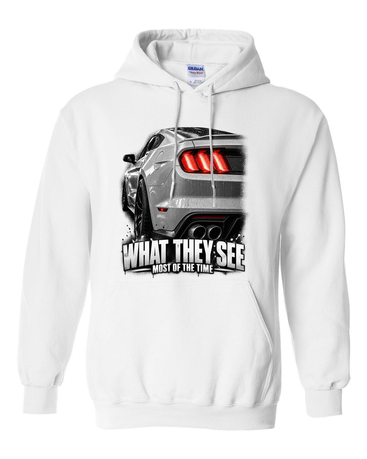 Macro print of a 2015-17 Ford Mustang S550 GT taillight white pull over hoodie front view with the design
