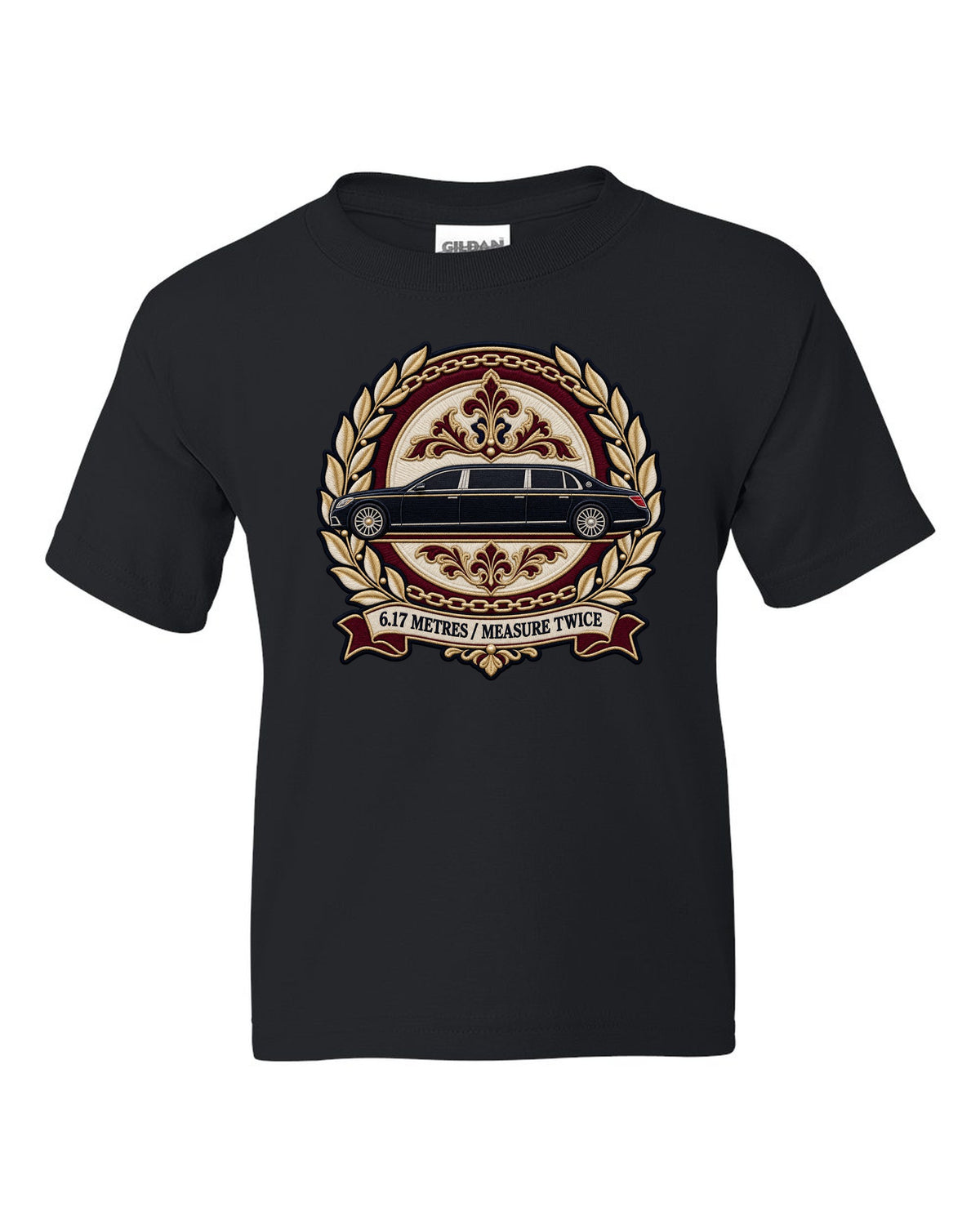 Embroidery style round crest of a Maybach 62 W240 opera window with 6.17 Metres Measure Twice text black kids tee front view with the design