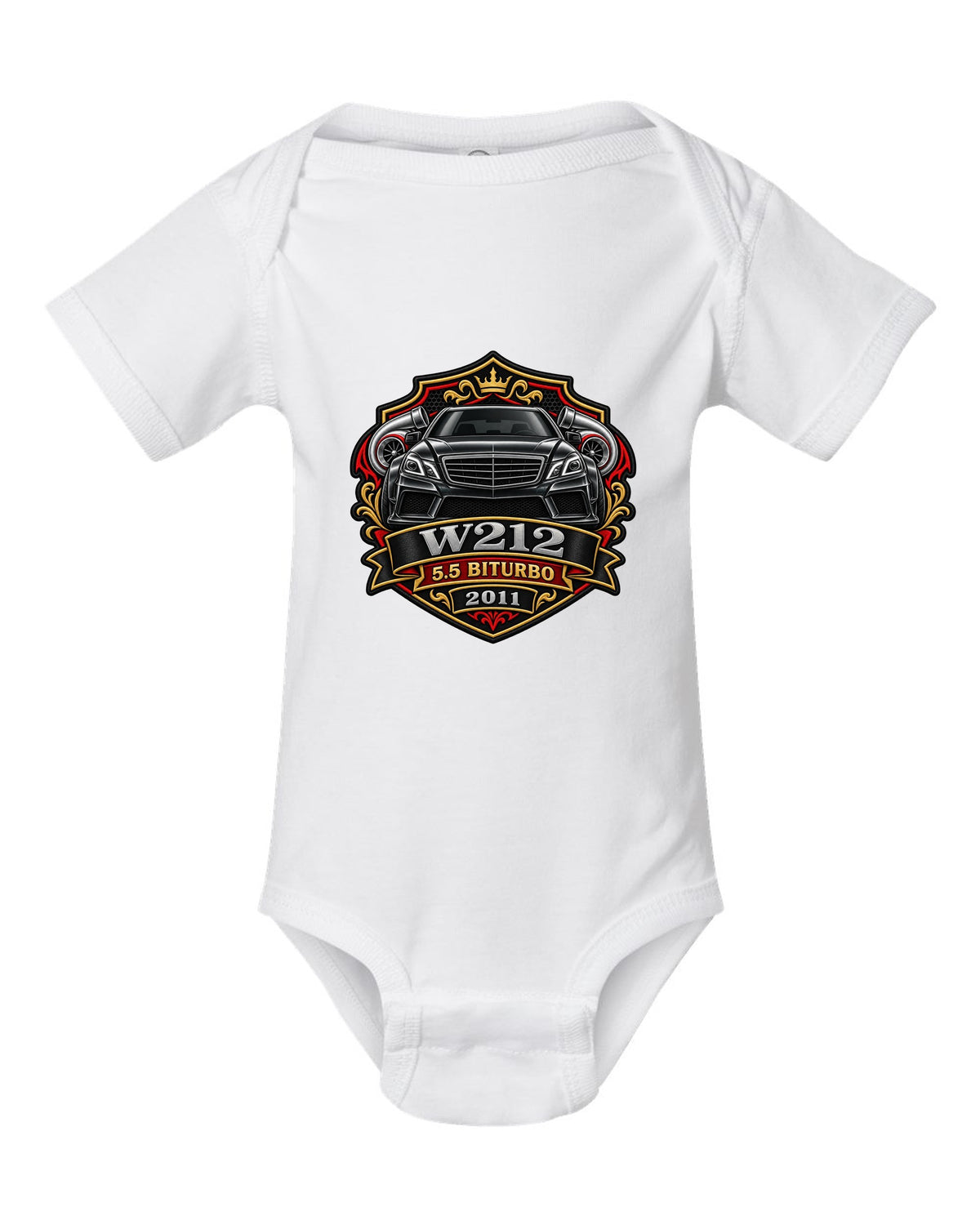 Varsity crest graphic reading W212 5.5 Biturbo 2011 for the Mercedes E63 W212, print white baby onesie front view with the design