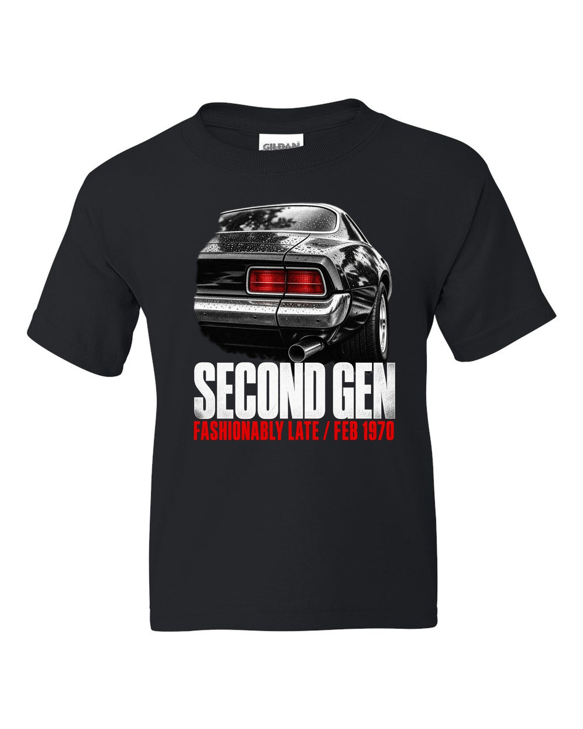 Taillight macro print of a 1970 second-gen Chevrolet Camaro split bumper with Feb 1970 caption black kids tee front view with the design