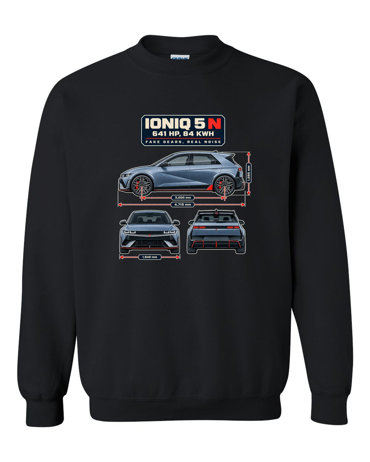 Hyundai Ioniq 5 N dimension blueprint print on a shirt black crewneck front view with the design