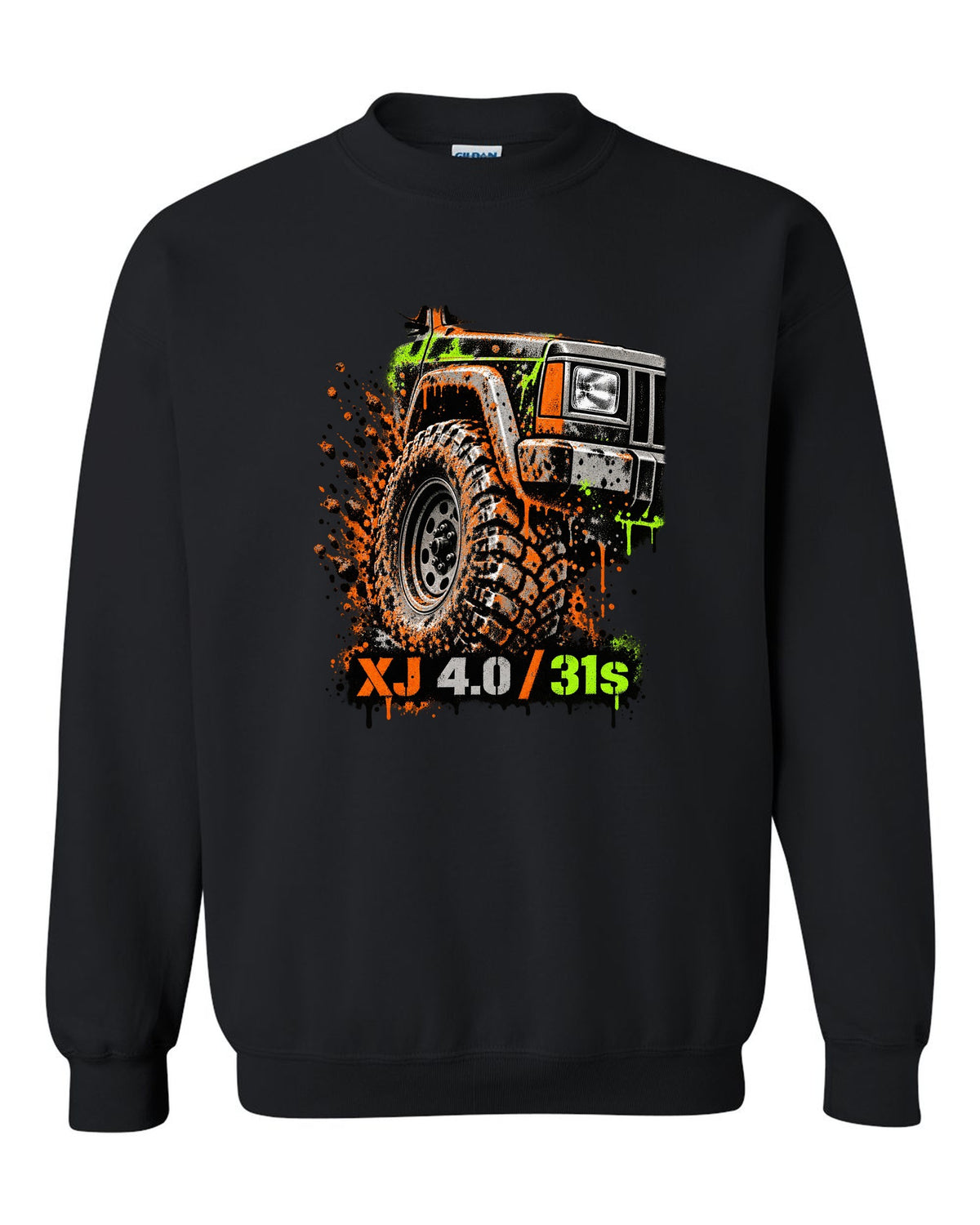 Stencil spray street art print of a muddy Jeep Cherokee XJ wheel with XJ 4.0 31s text black crewneck front view with the design