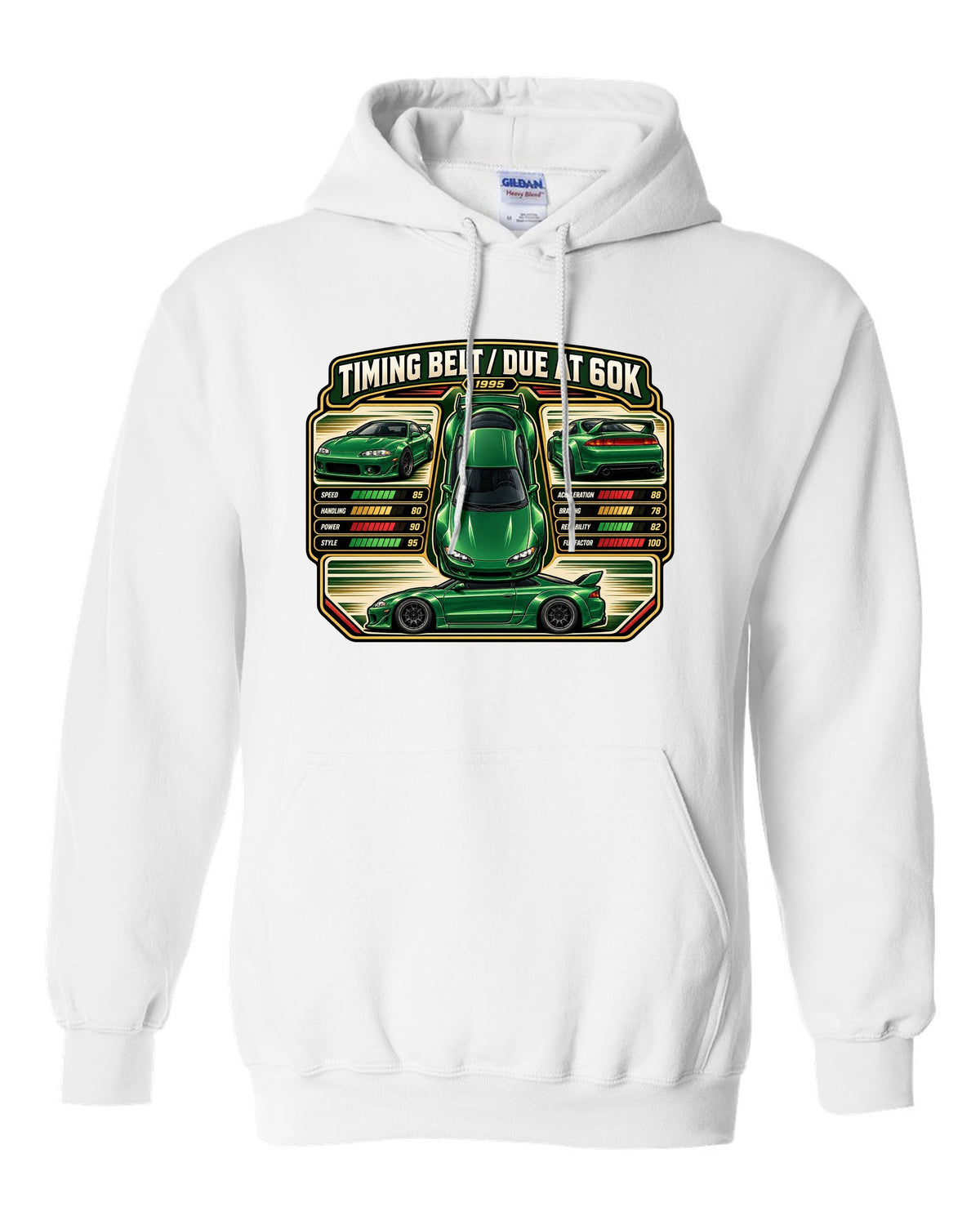Top-down vector trading card print of a widebody Mitsubishi Eclipse GSX 2G with timing belt due at 60K text white pull over hoodie front view with the design