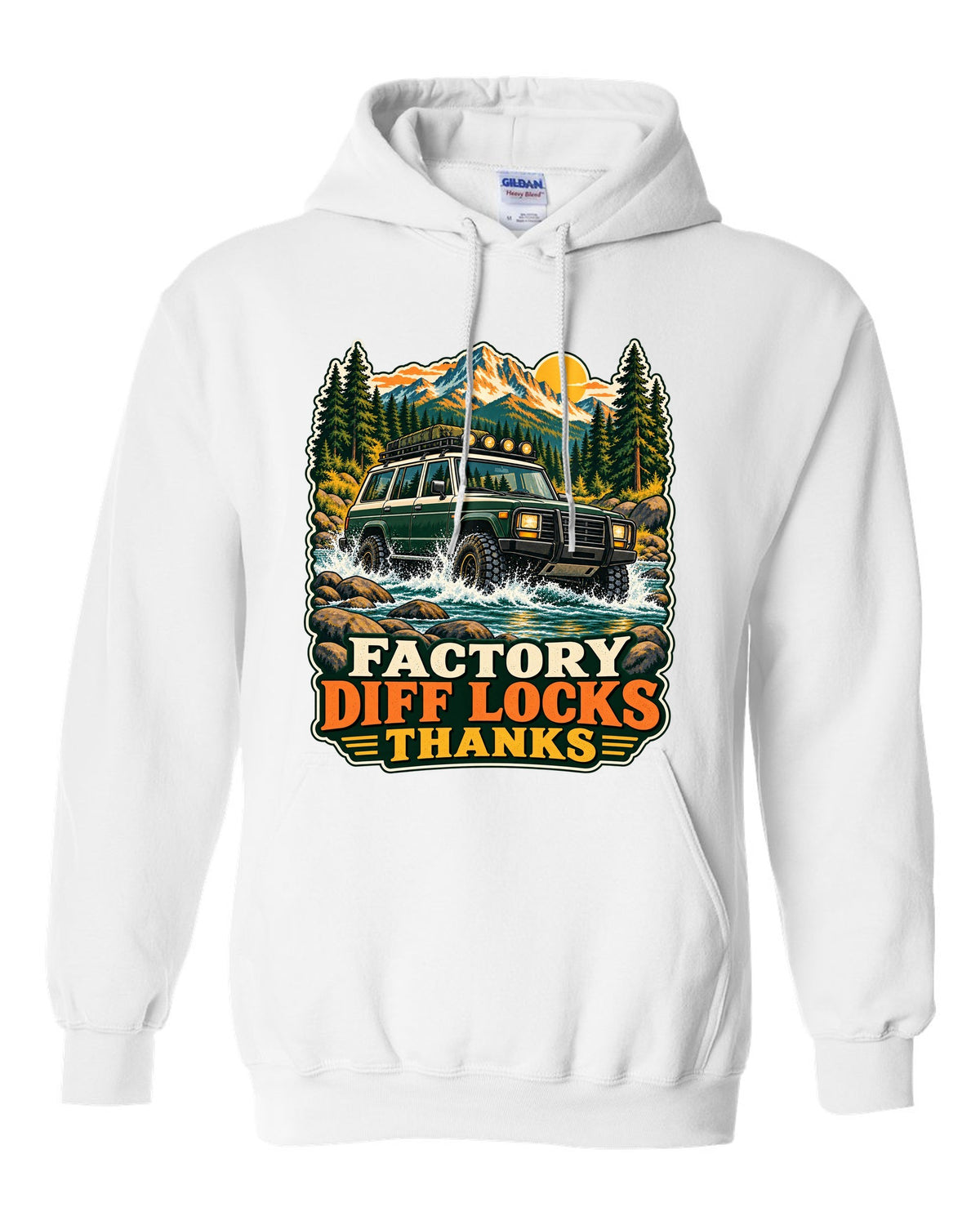 Retro national park poster of a Toyota Land Cruiser FZJ80 crossing a river with diff locks lettering white pull over hoodie front view with the design