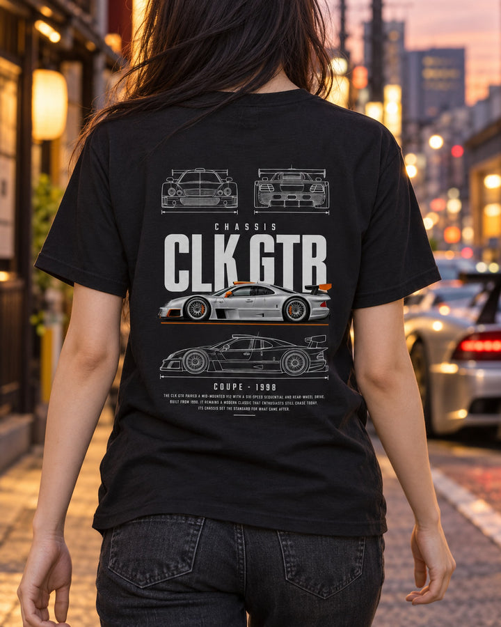 Mercedes CLK GTR race-car road coupe Blueprint Full-Back Graphic Tee, CLK GTR Chassis Code T-Shirt Black worn hero