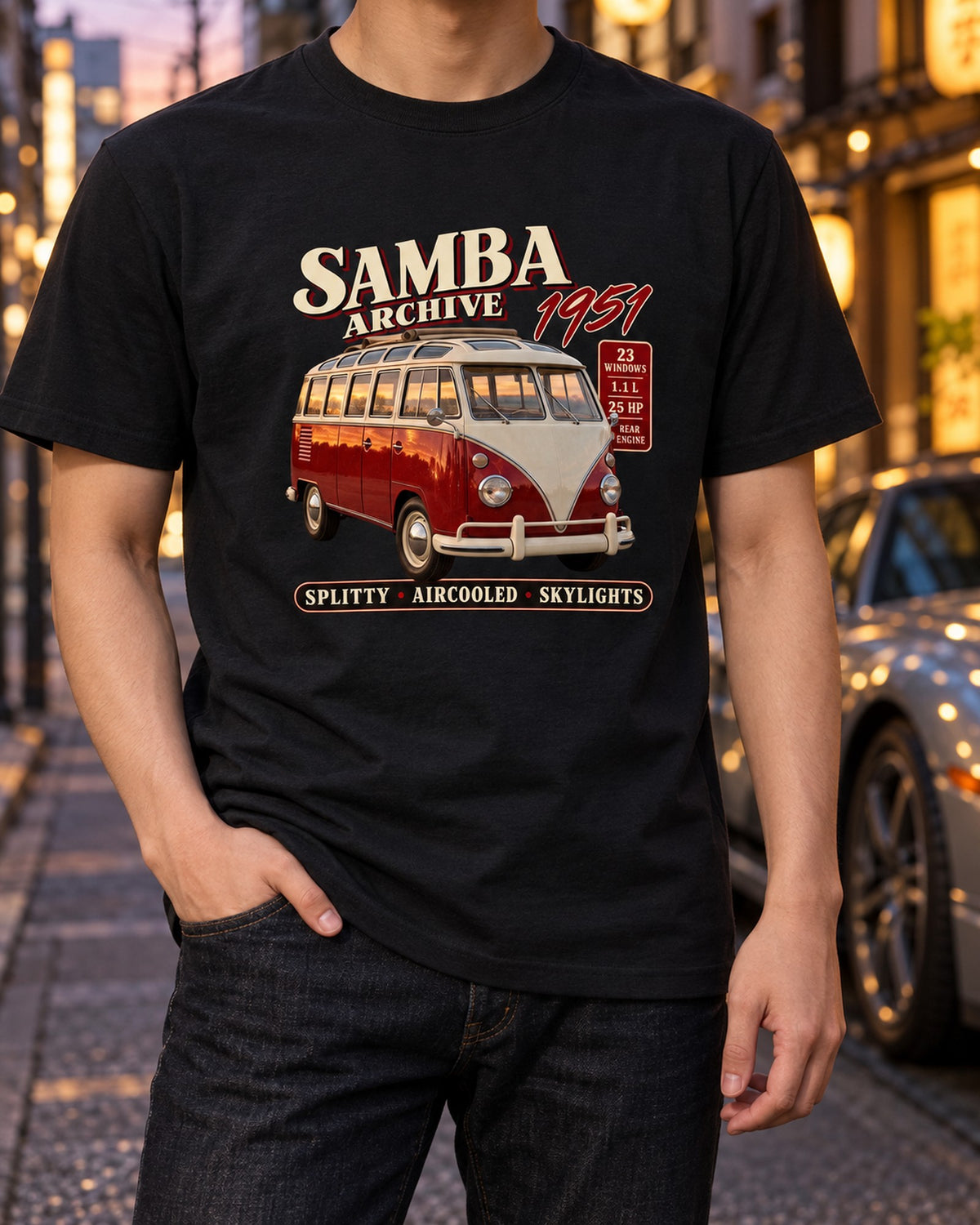 VW T1 Samba Bus 1951 Archive Panel Shirt, 23 Window Tee T-Shirt Black worn hero