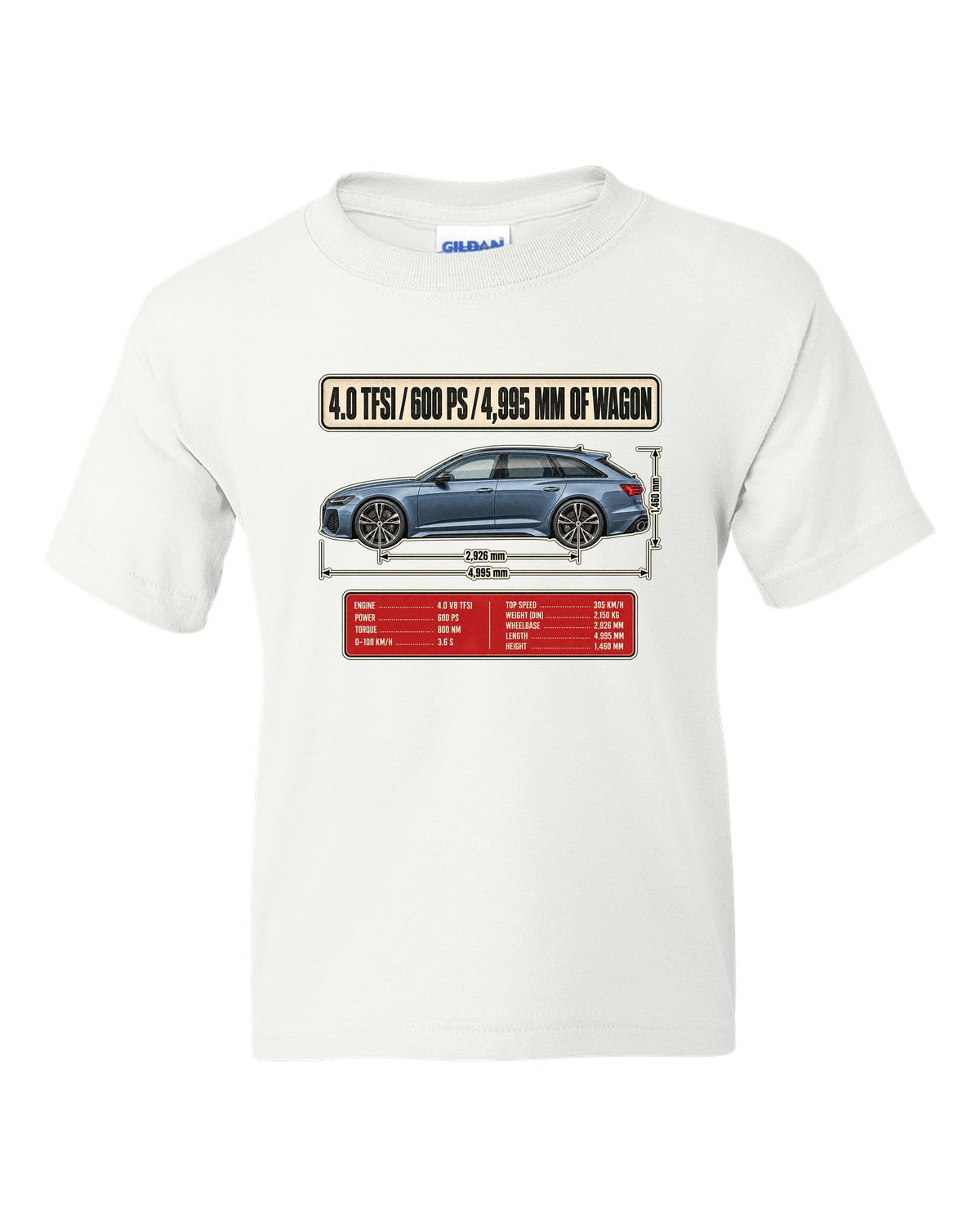 Audi RS6 Avant C8 wagon dimension blueprint print white kids tee front view with the design
