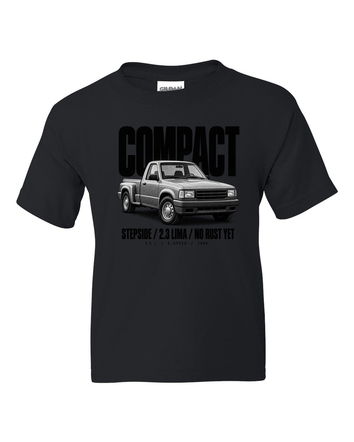 Ford Ranger 1995 stepside halftone print with compact, 2.3 Lima, no rust yet text black kids tee front view with the design