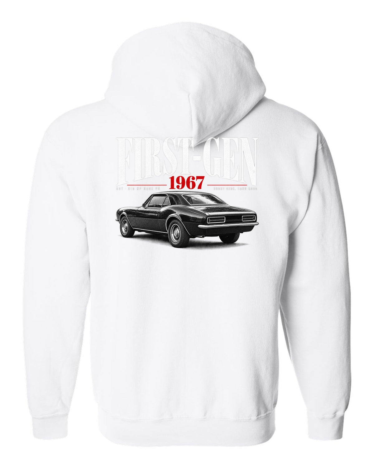 Editorial-style print of a 1967 Chevrolet Camaro RS with first-gen and 327 V8 caption white zip hoodie back view with the design