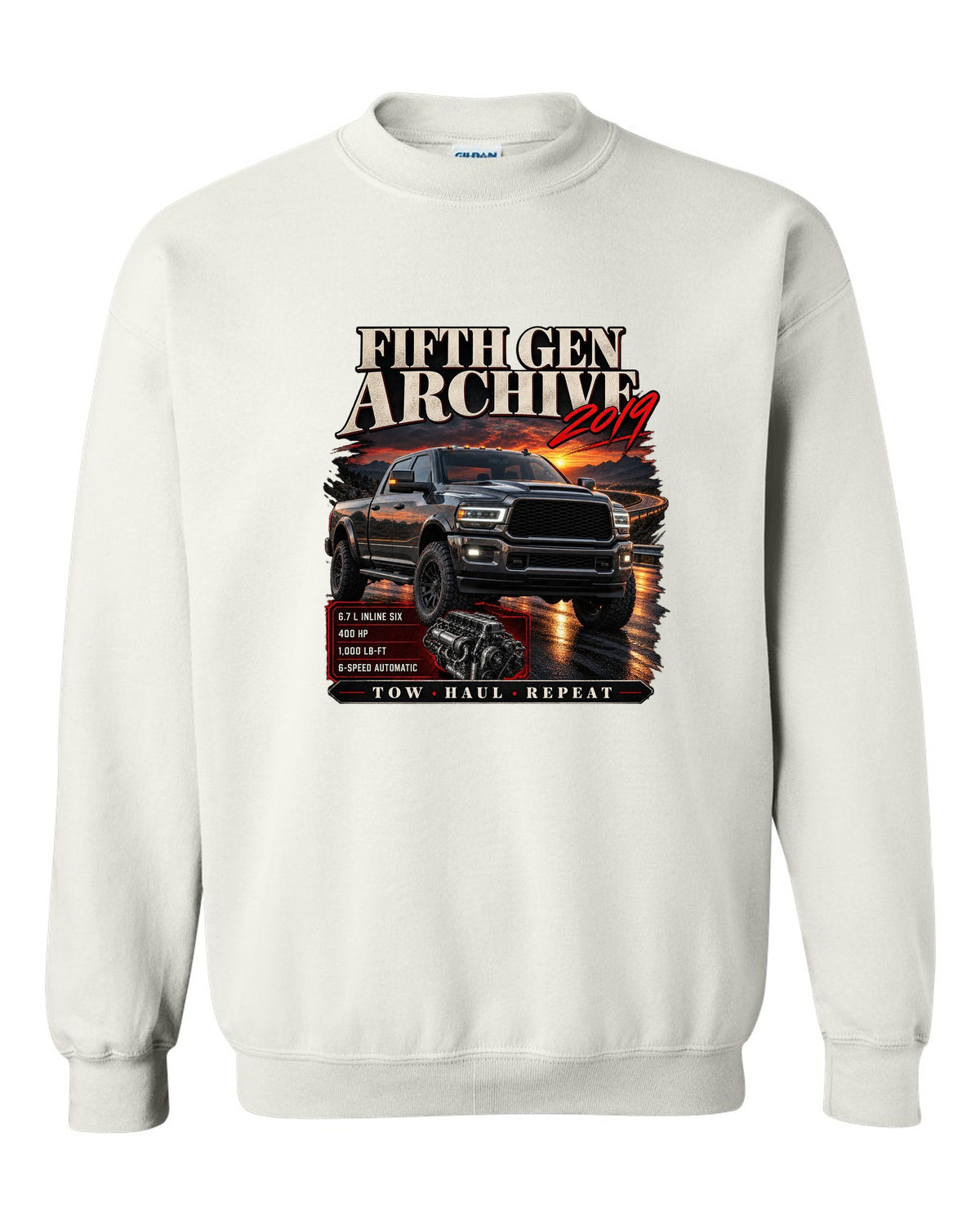 Archive panel print of a 2019 Ram HD 2500 6.7 HO diesel pickup with torque figure white crewneck front view with the design