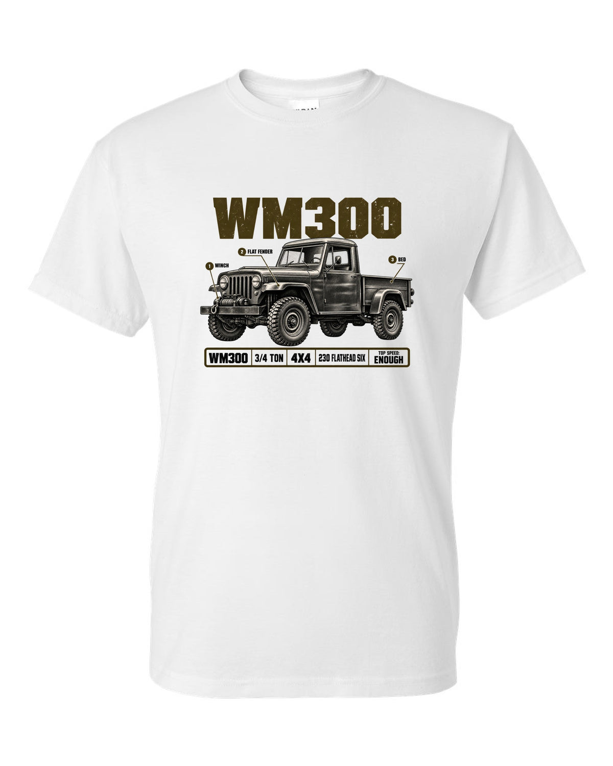 Spec poster print of a 1960-1971 Dodge Power Wagon WM300 flat fender truck white t-shirt front view with the design