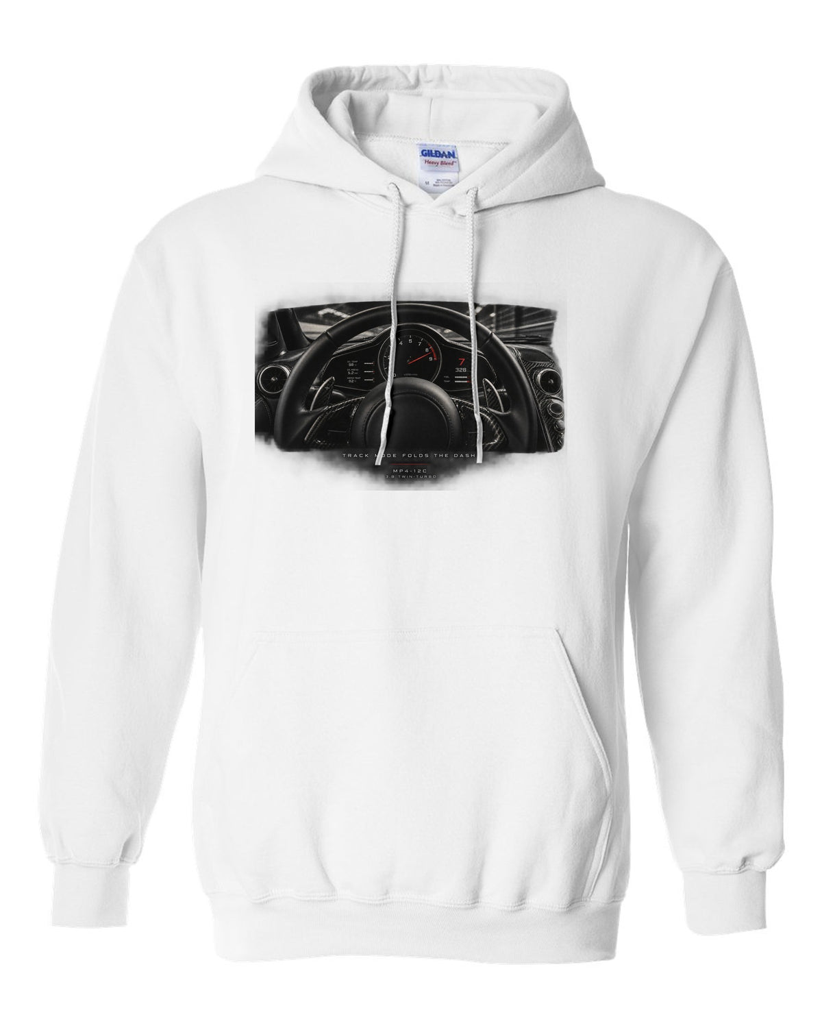 Cockpit gauge print of a 2011 McLaren 12C MP4-12C with folding dash text white pull over hoodie front view with the design