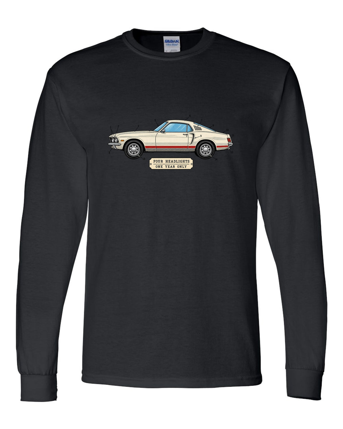 1969 Ford Mustang Fastback Patent Sheet Profile black long sleeve front view with the design