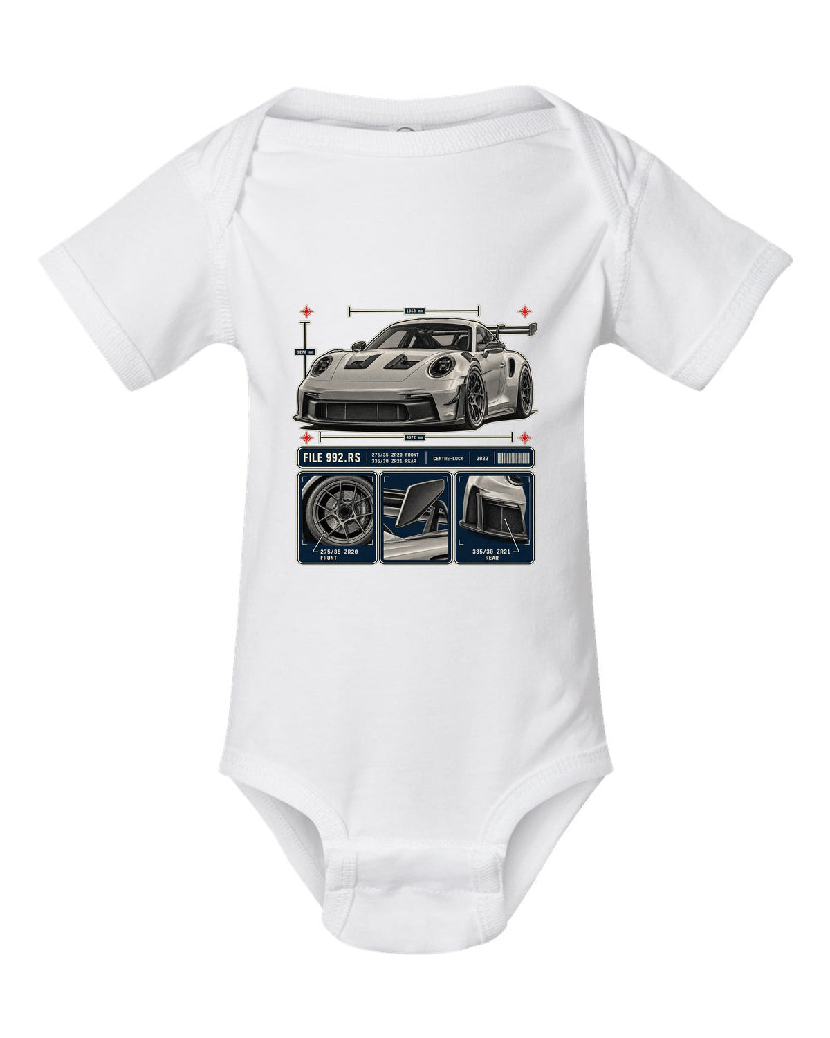 Porsche 992 GT3 RS dossier panels print design white baby onesie front view with the design