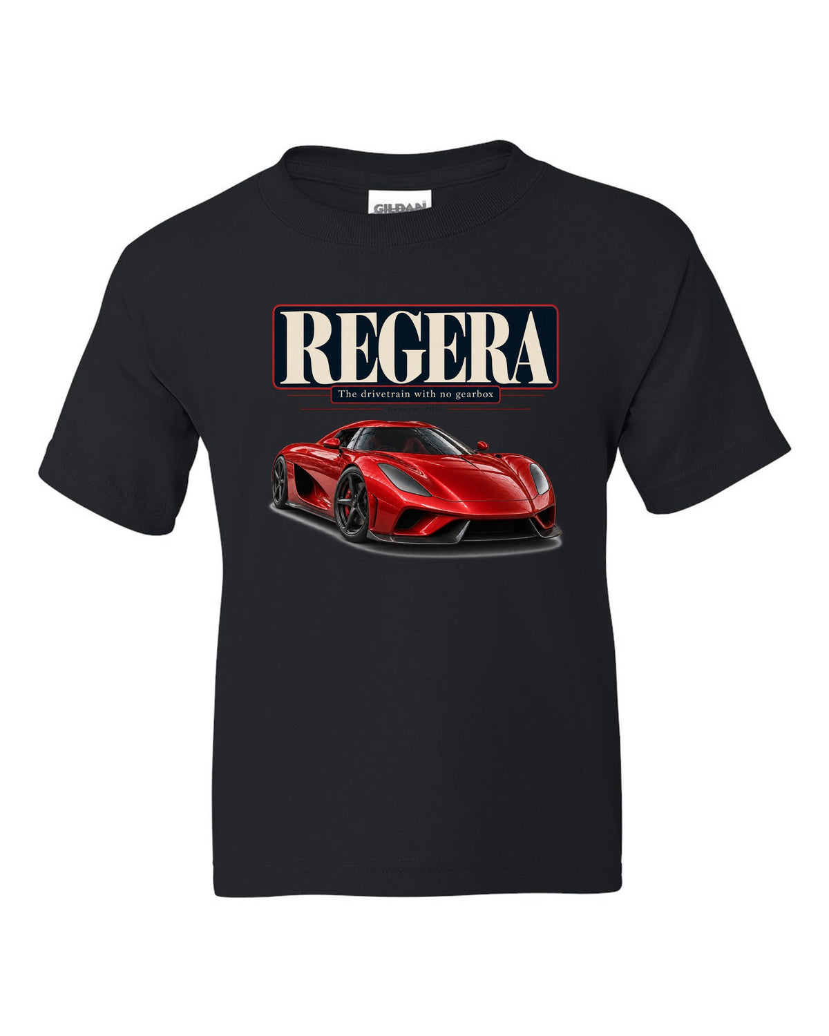 Editorial headline poster of the Koenigsegg Regera about its drivetrain, print black kids tee front view with the design