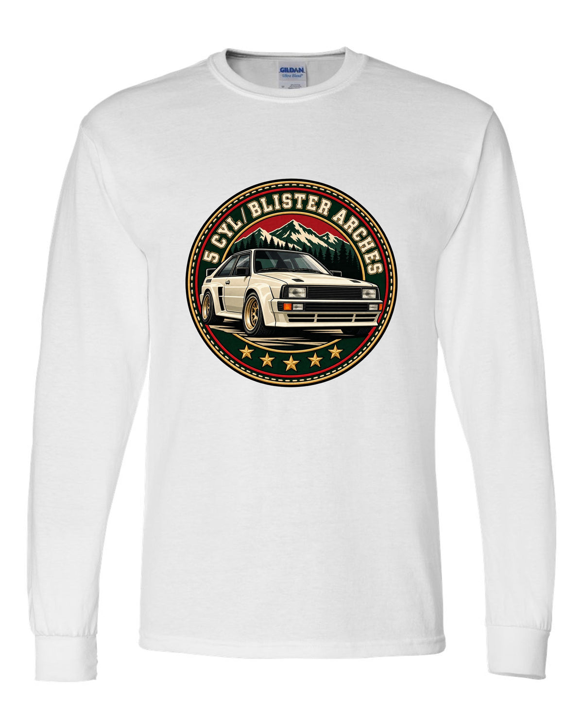 Varsity crest print of an Audi Ur-Quattro with blister arches text white long sleeve front view with the design