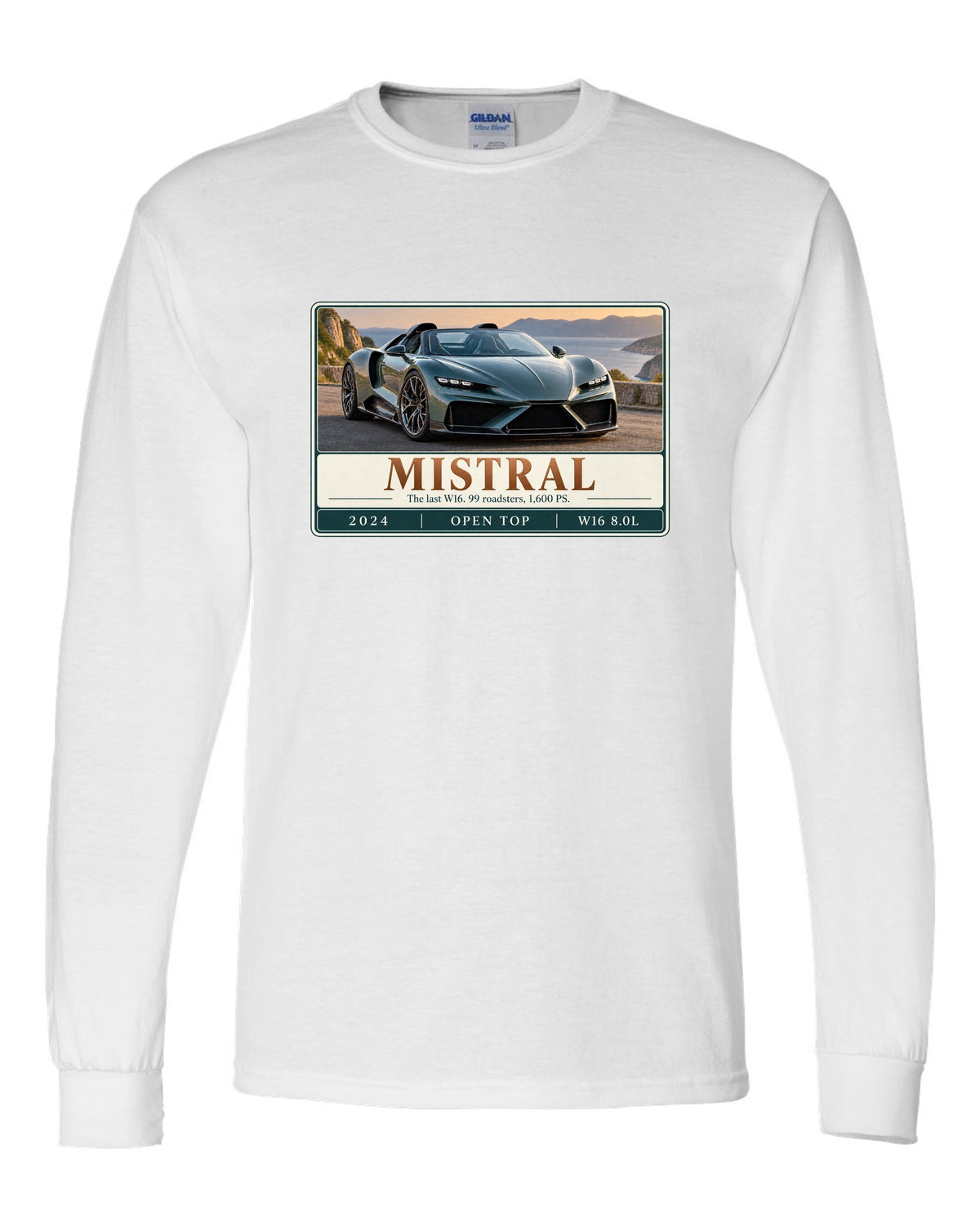 Bugatti Mistral roadster editorial headline print about the last W16 white long sleeve front view with the design