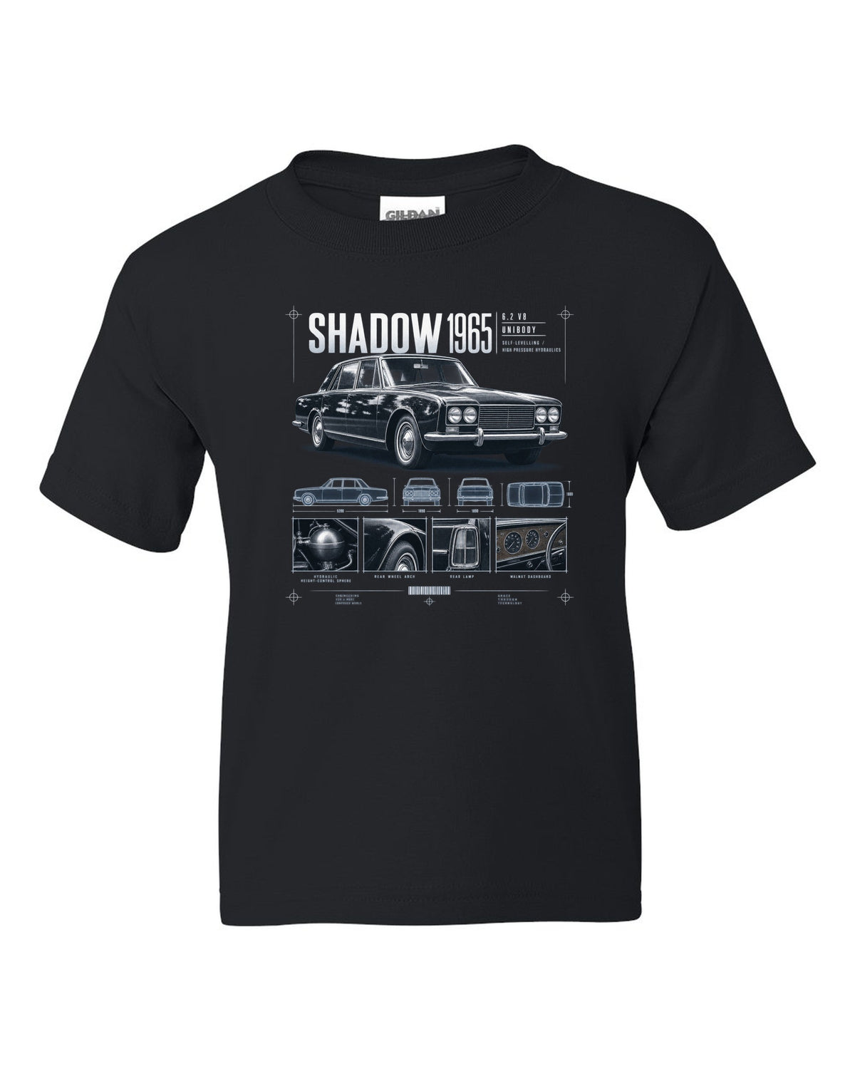 Rolls-Royce Silver Shadow 1965 dossier panels about hydraulics black kids tee front view with the design