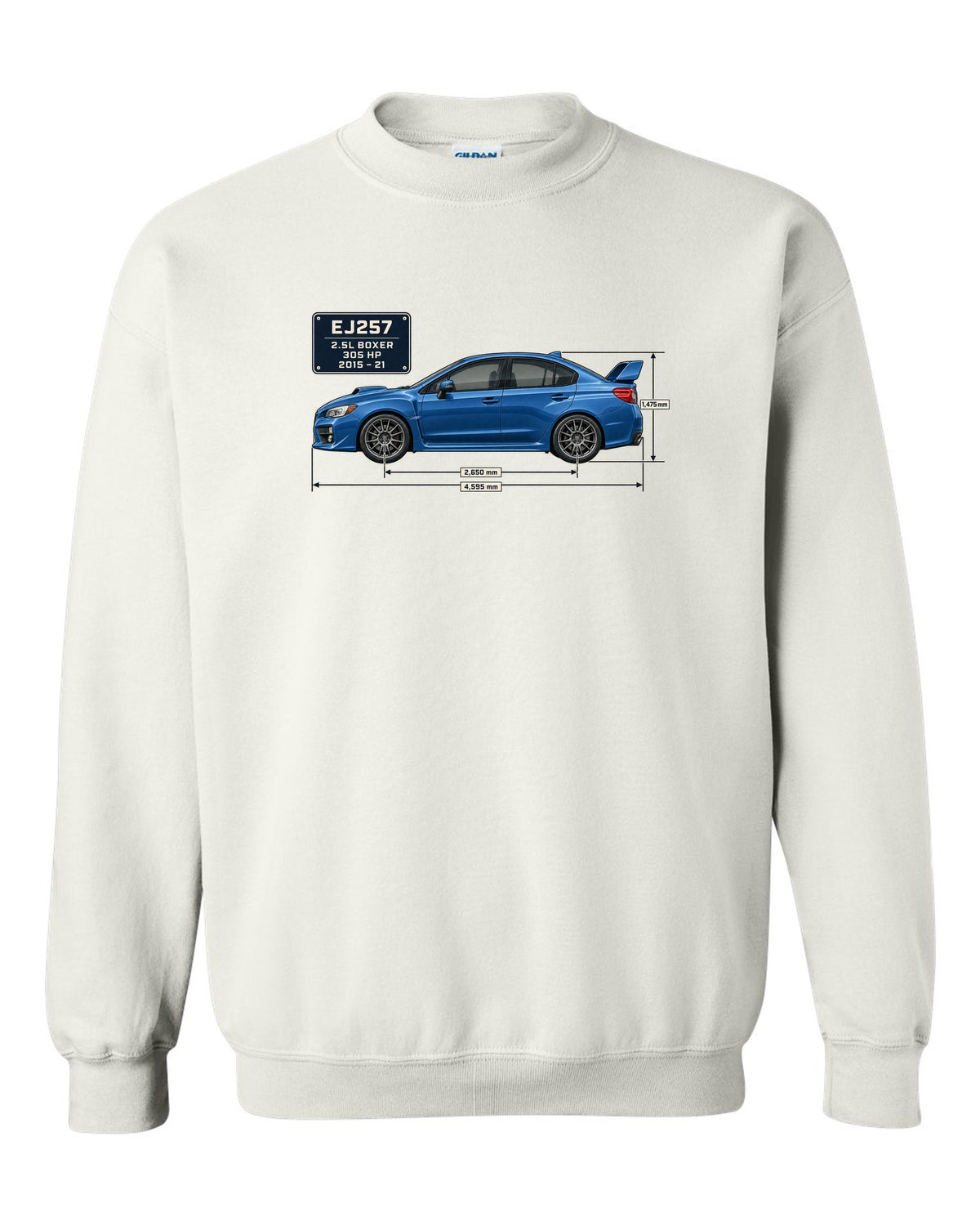 Subaru WRX STI VA sedan blueprint profile in blue-grey white crewneck front view with the design