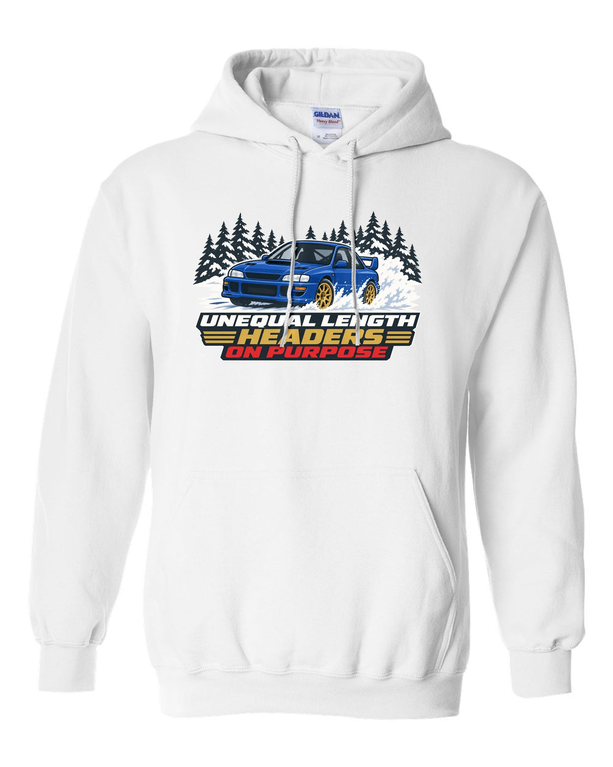 Flat vector print of a Subaru Impreza WRX STI GC8 with unequal length headers on purpose lettering white pull over hoodie front view with the design
