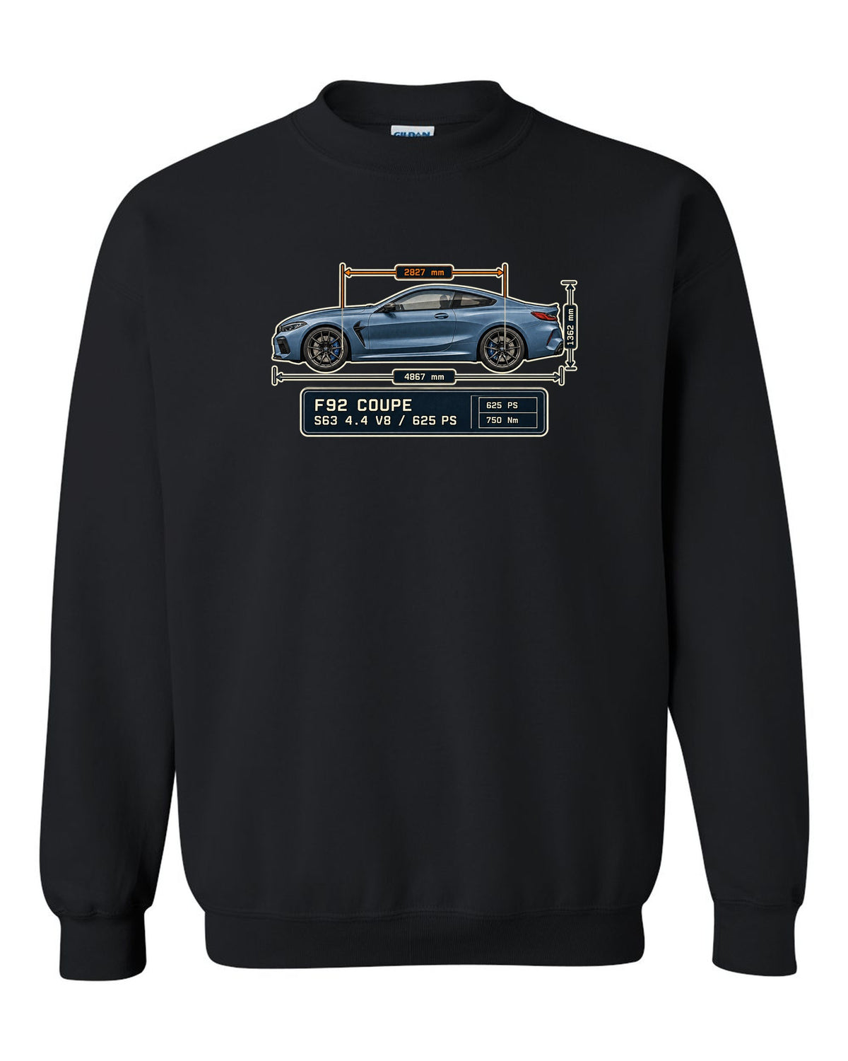 BMW M8 Competition Coupe F92 dimension blueprint print on a tee black crewneck front view with the design
