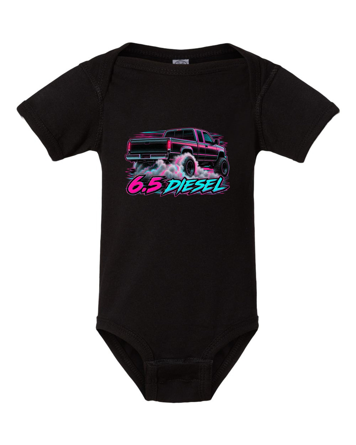 VHS glitch burnout print of a 1988-1998 Chevrolet GMT400 C2500 with 6.5 Diesel text black baby onesie front view with the design