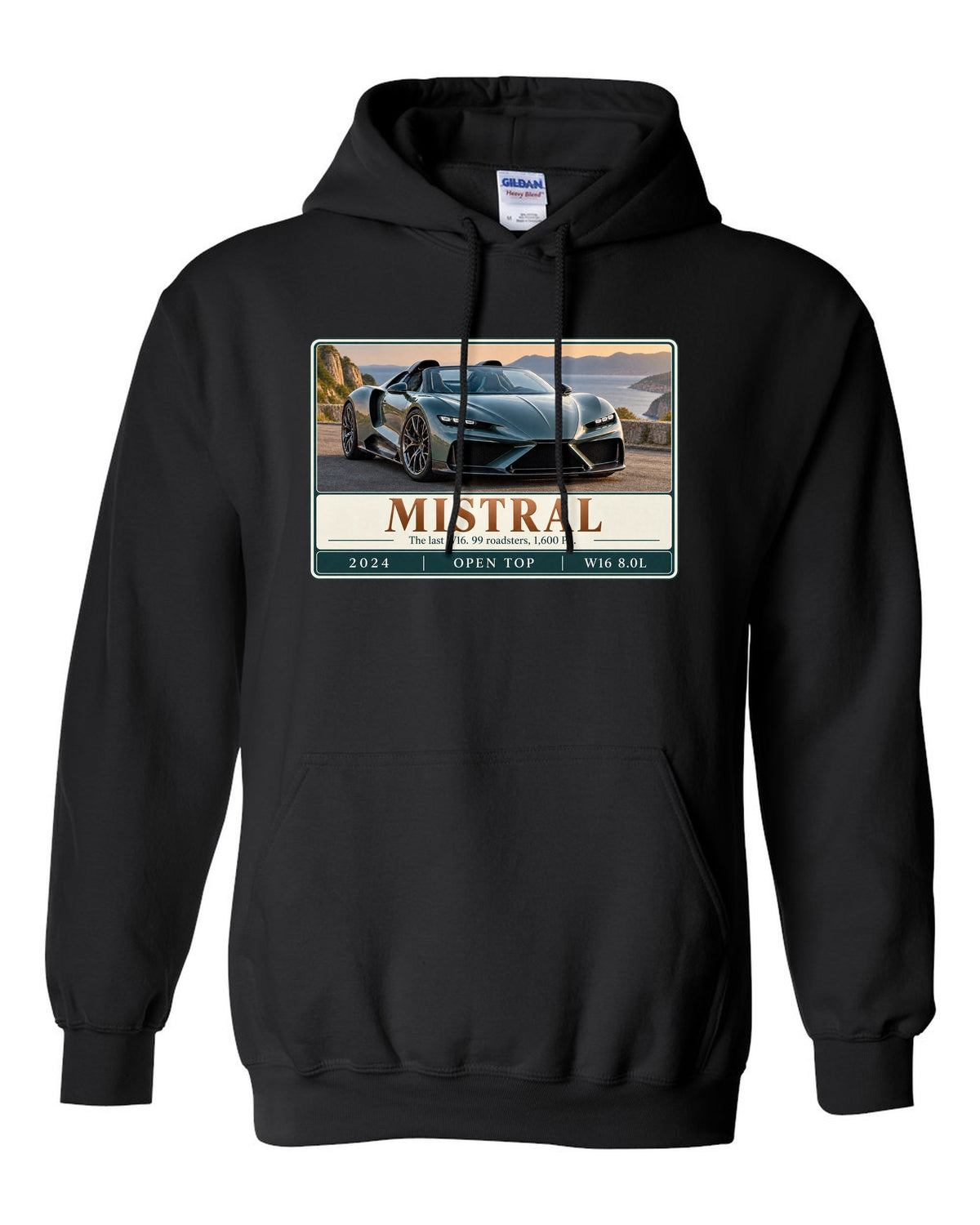 Bugatti Mistral roadster editorial headline print about the last W16 black pull over hoodie front view with the design