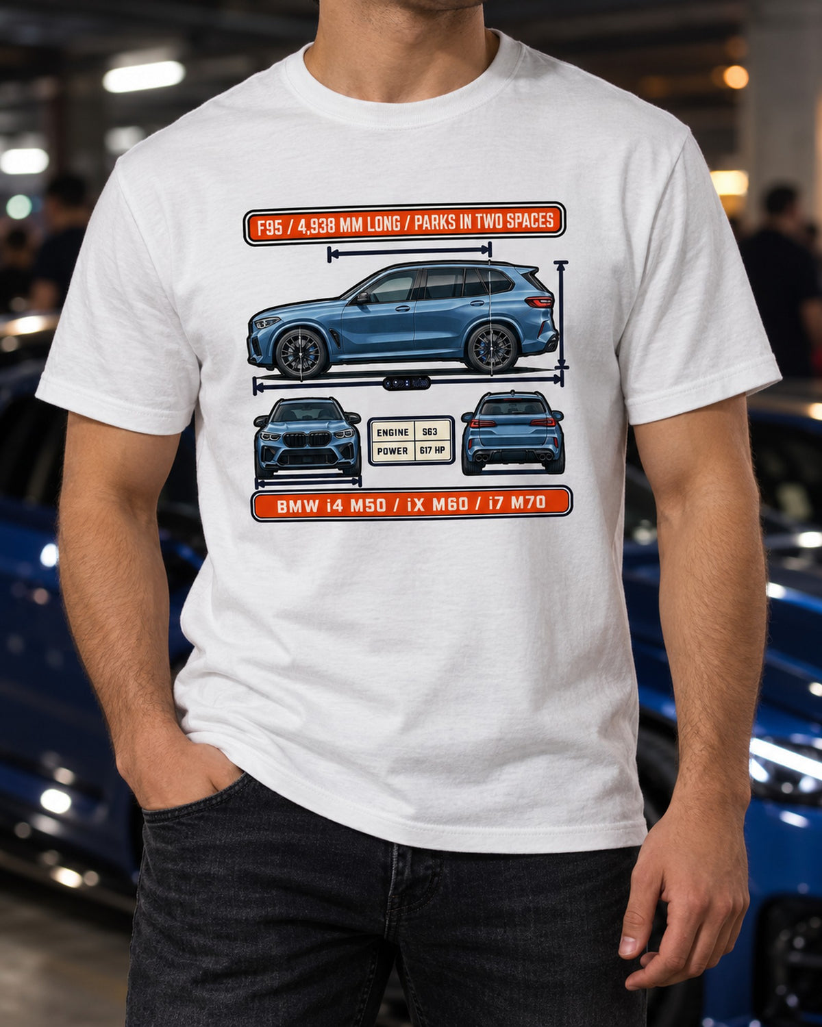 BMW X5 M Competition F95 Blueprint Tee, Car Enthusiast Gift T-Shirt White worn hero