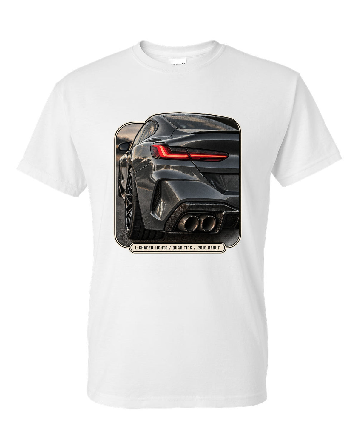BMW M8 Competition F92 taillight detail macro print on a tee white t-shirt front view with the design
