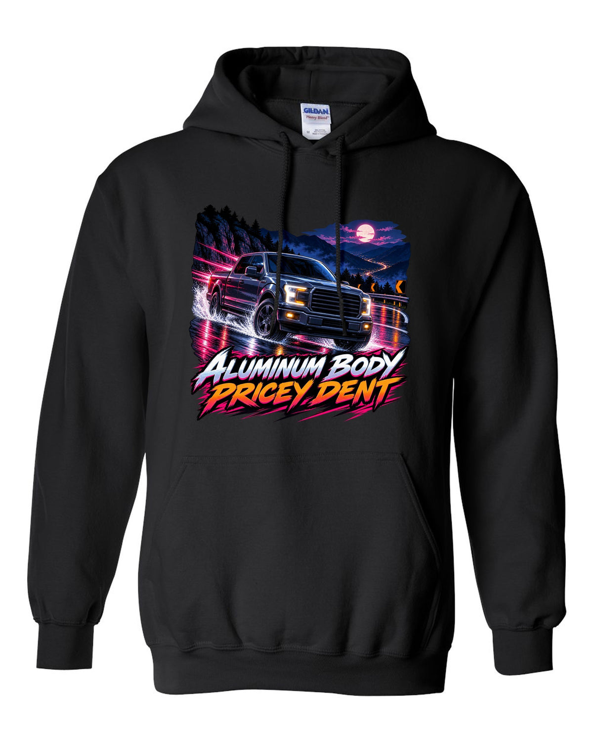 Cel-shaded anime night mountain pass print of a 2015-20 Ford F-150 P552 truck black pull over hoodie front view with the design
