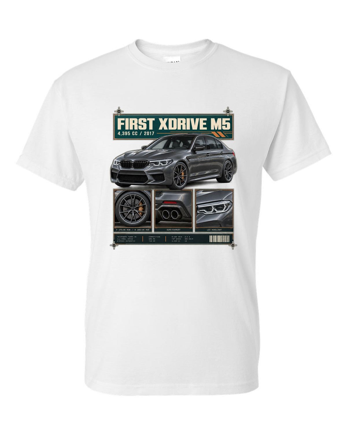 BMW M5 F90 Competition dossier panel print on a tee white t-shirt front view with the design