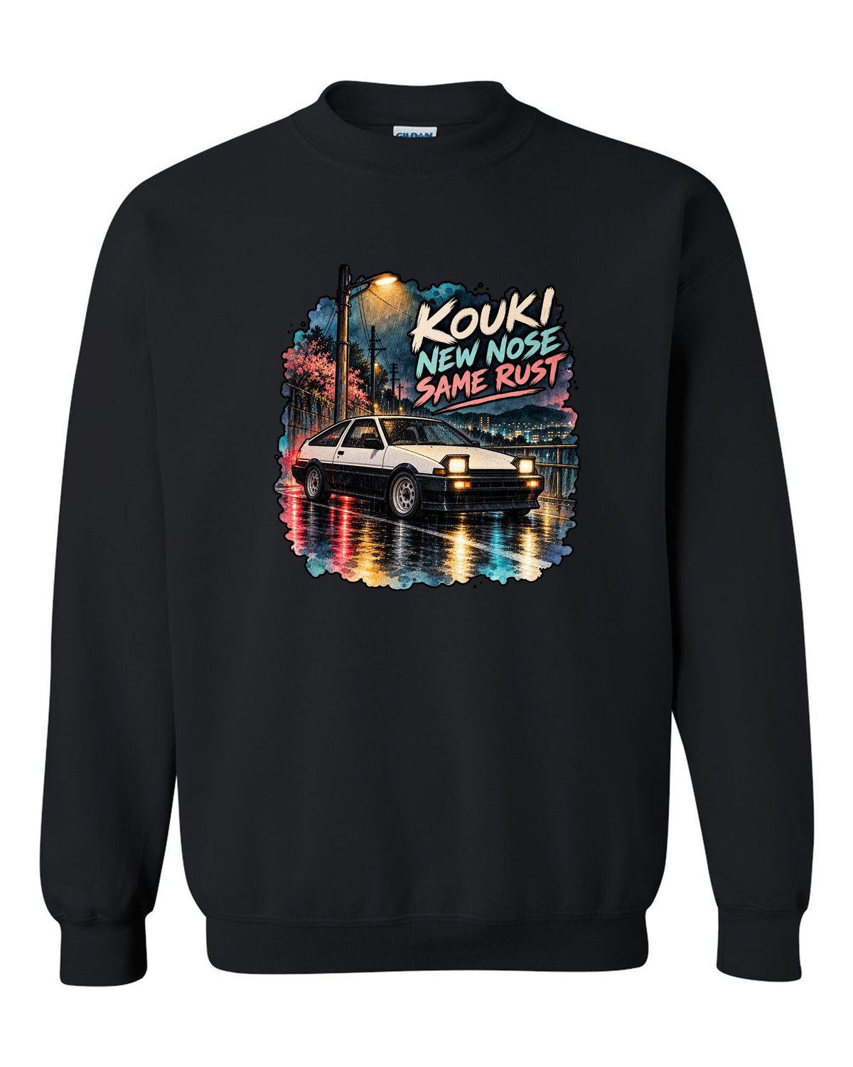 Watercolour wet street night scene with the Toyota AE86 Sprinter Trueno kouki black crewneck front view with the design