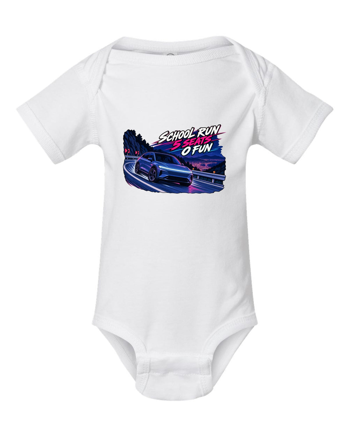 Cel-shaded 90s anime night touge print of a Tesla Model Y Juniper reading School Run 5 Seats 0 Fun white baby onesie front view with the design