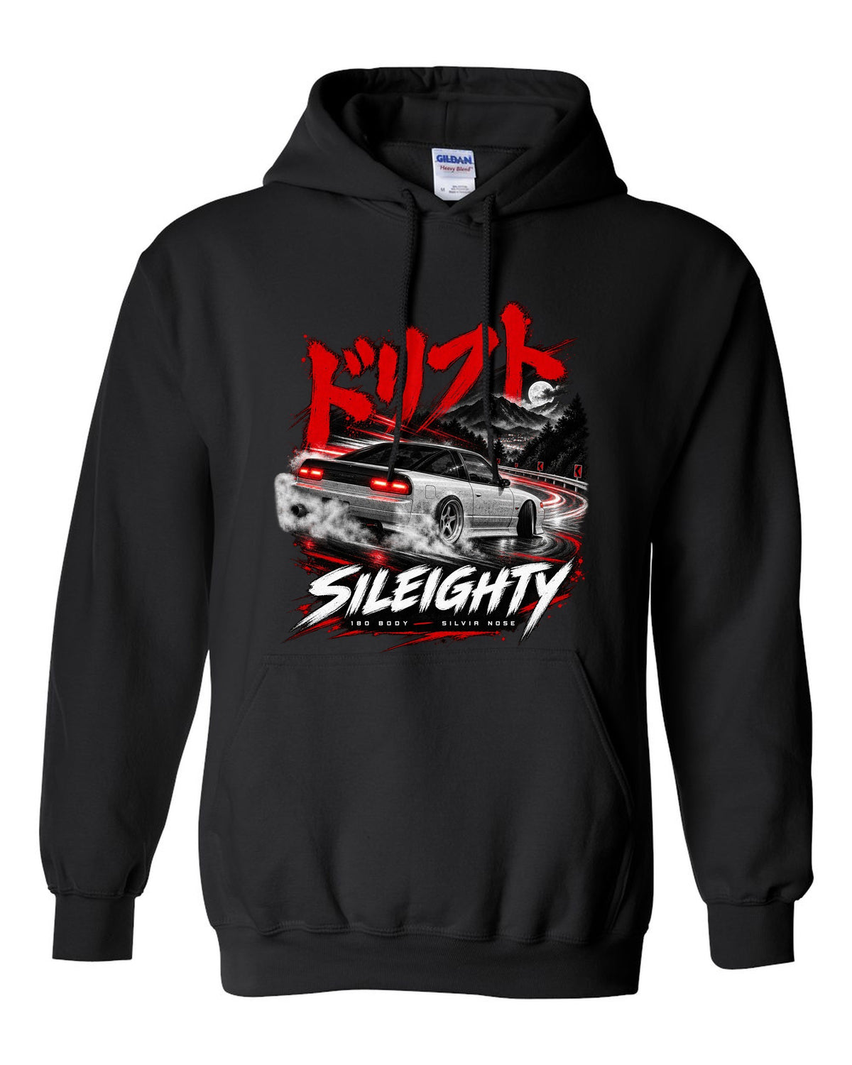 Touge night print of a Nissan Sileighty, 180SX body with Silvia nose black pull over hoodie front view with the design