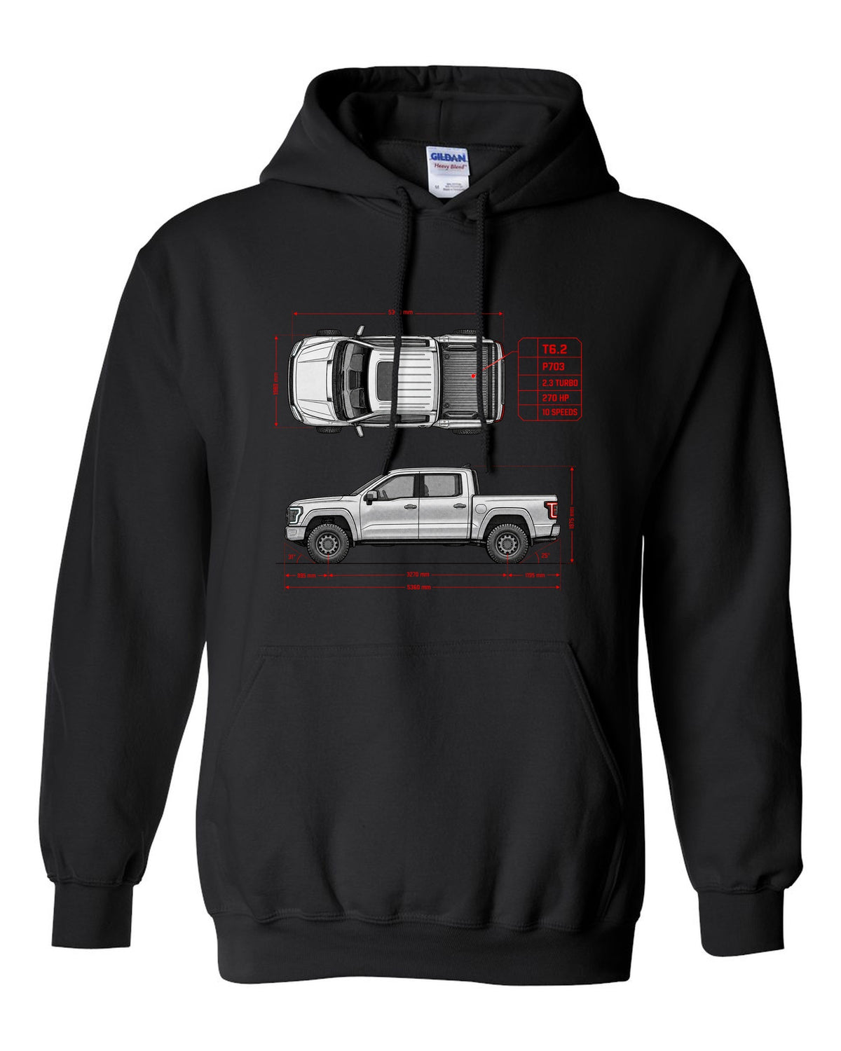 Ford Ranger T6.2 P703 spec poster print with 2.3 turbo, 270 HP and 10 speeds black pull over hoodie front view with the design