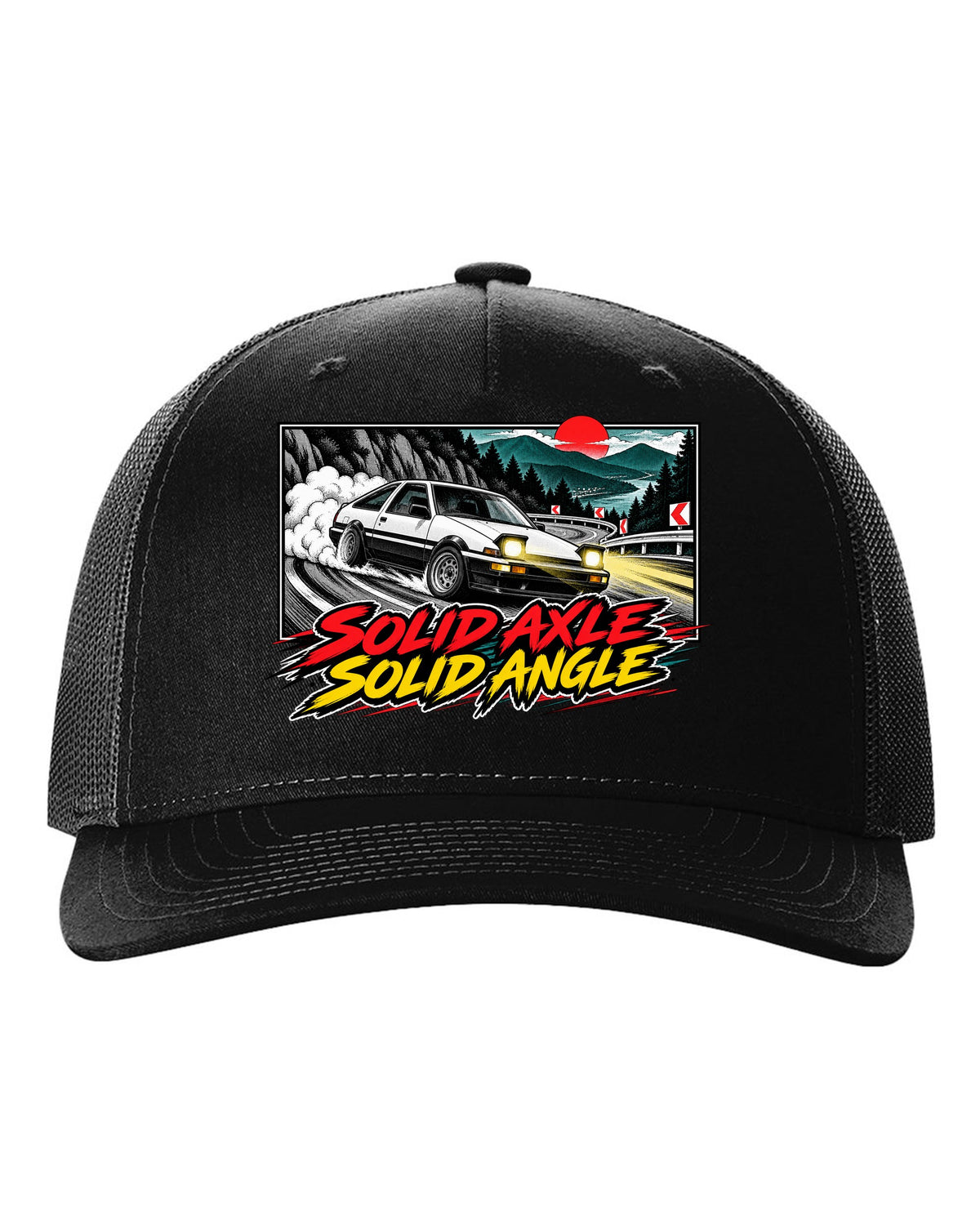 Retro manga halftone panel of a Toyota AE86 Sprinter Trueno drifting downhill black hat front view with the design