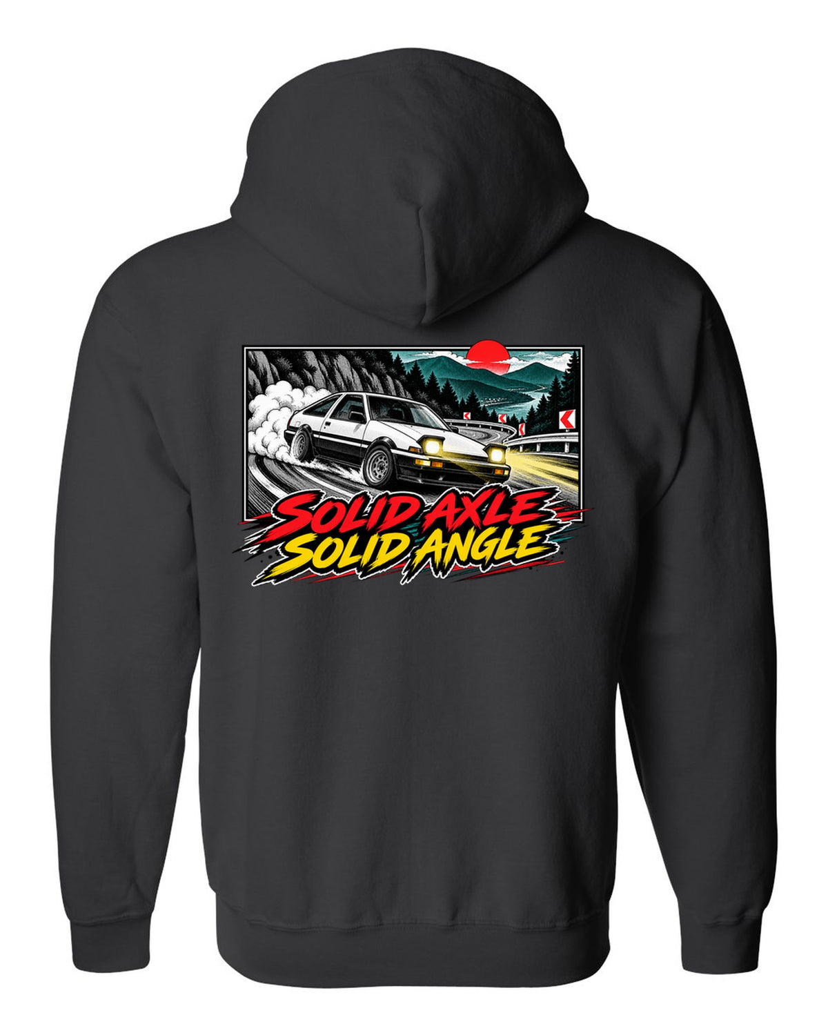 Retro manga halftone panel of a Toyota AE86 Sprinter Trueno drifting downhill black zip hoodie back view with the design