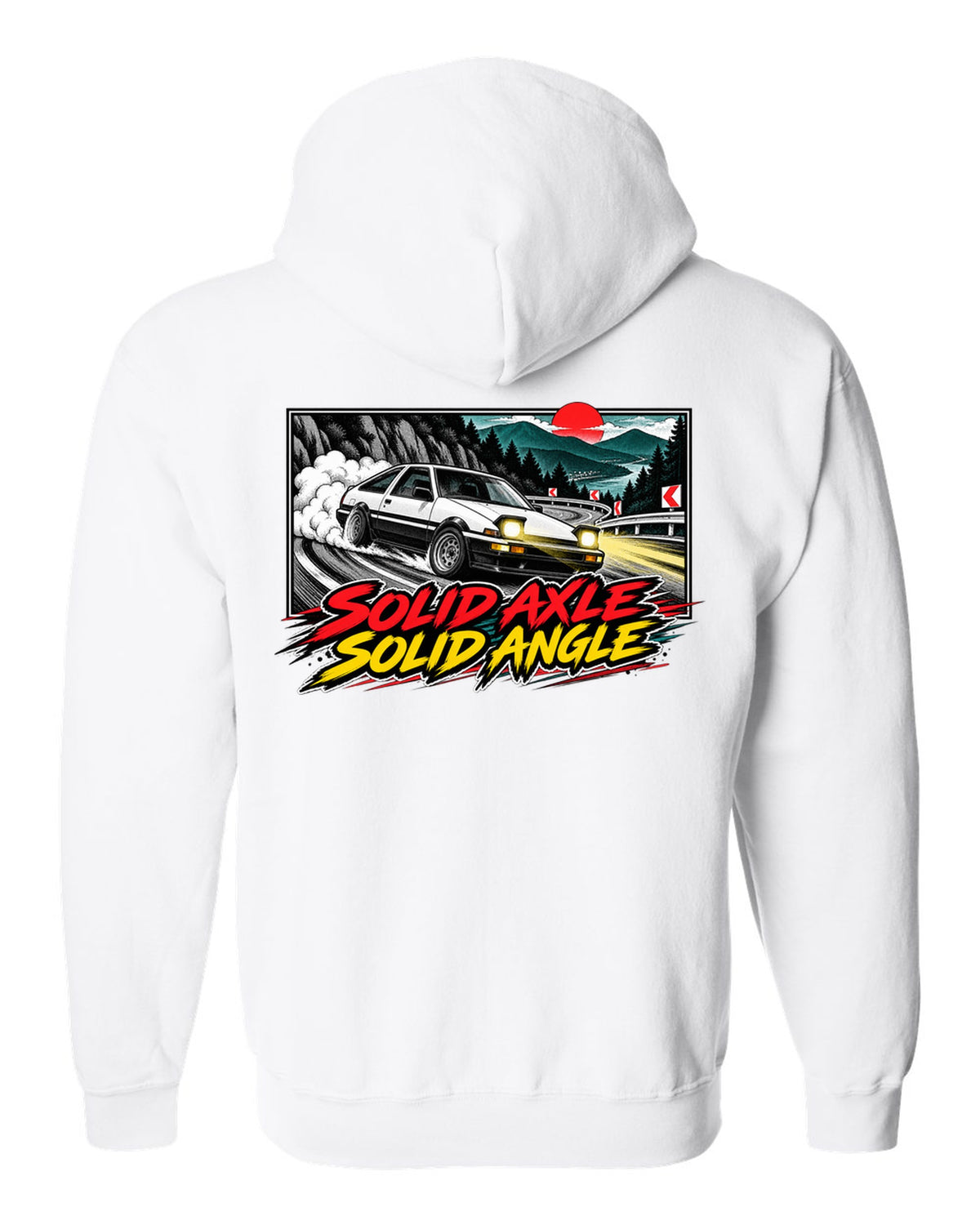 Retro manga halftone panel of a Toyota AE86 Sprinter Trueno drifting downhill white zip hoodie back view with the design
