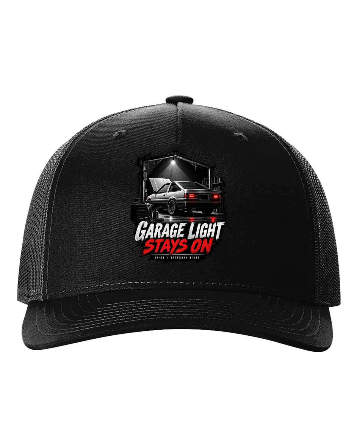 Garage night print of a Toyota AE86 Sprinter Trueno with 4A-GE lettering black hat front view with the design