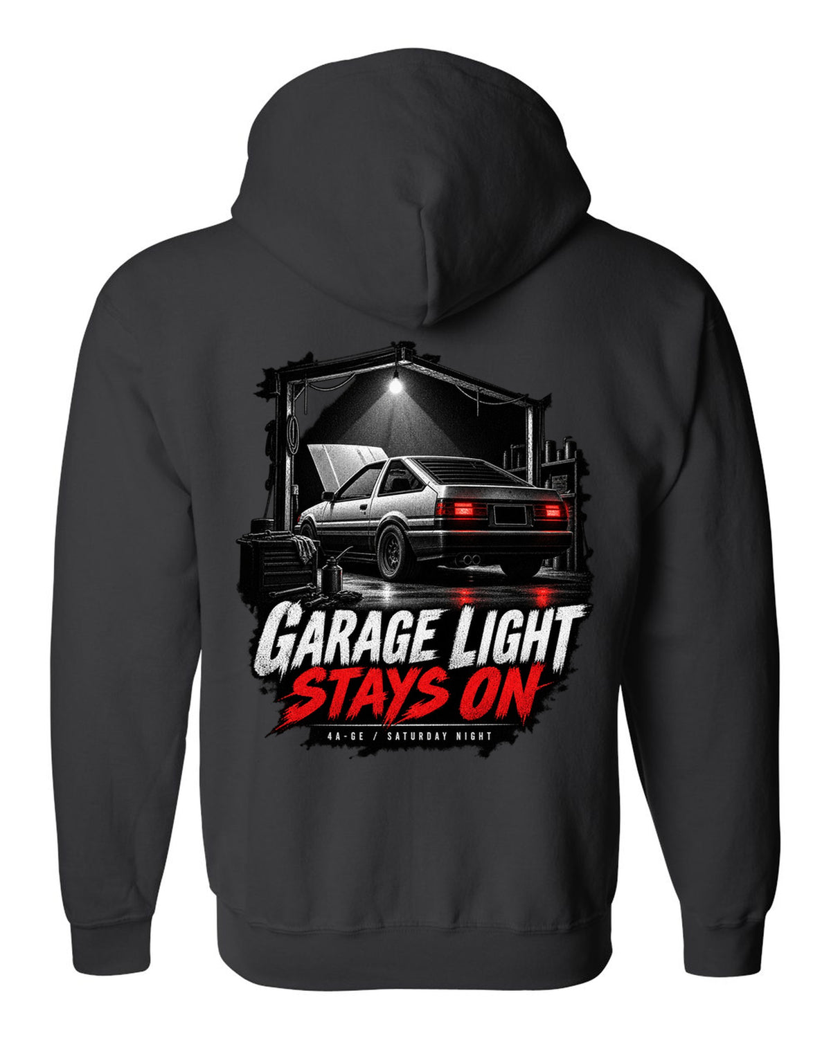 Garage night print of a Toyota AE86 Sprinter Trueno with 4A-GE lettering black zip hoodie back view with the design