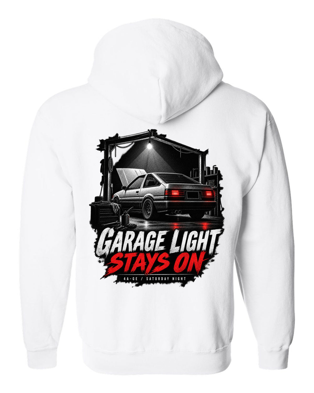 Garage night print of a Toyota AE86 Sprinter Trueno with 4A-GE lettering white zip hoodie back view with the design