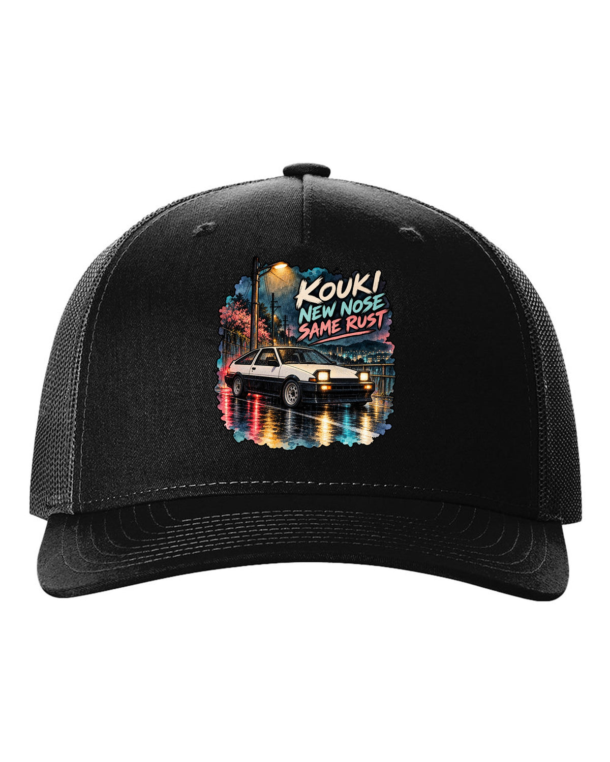 Watercolour wet street night scene with the Toyota AE86 Sprinter Trueno kouki black hat front view with the design