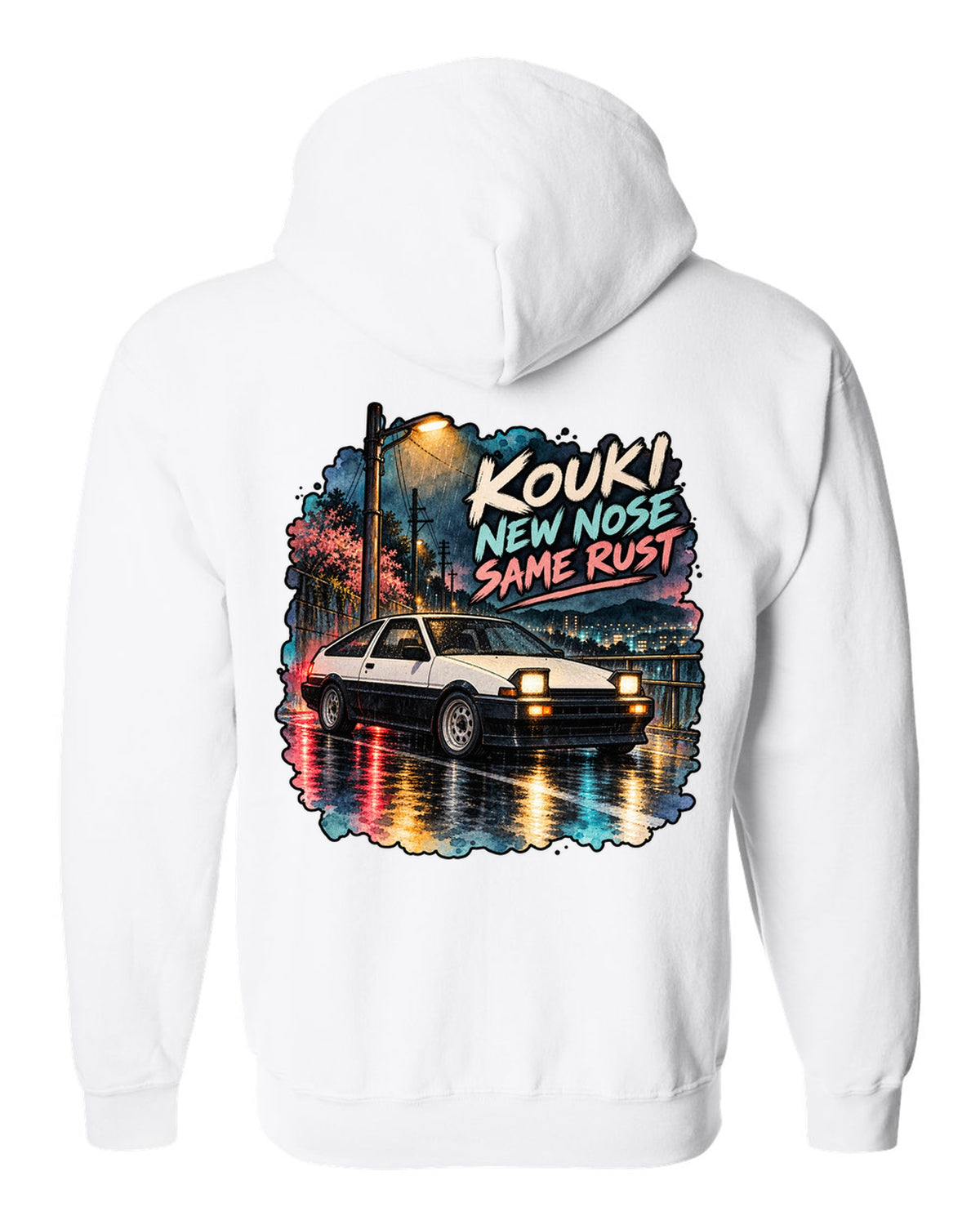 Watercolour wet street night scene with the Toyota AE86 Sprinter Trueno kouki white zip hoodie back view with the design