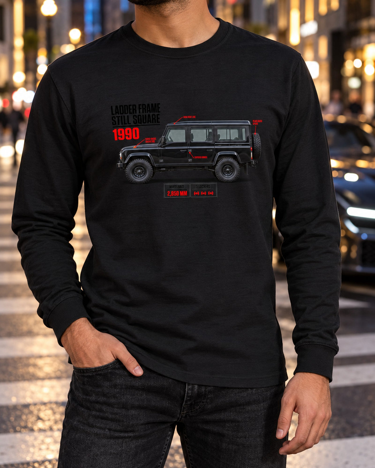 Mercedes G-Class W463 Spec Poster Shirt, Ladder Frame Tee Long Sleeve Black worn hero