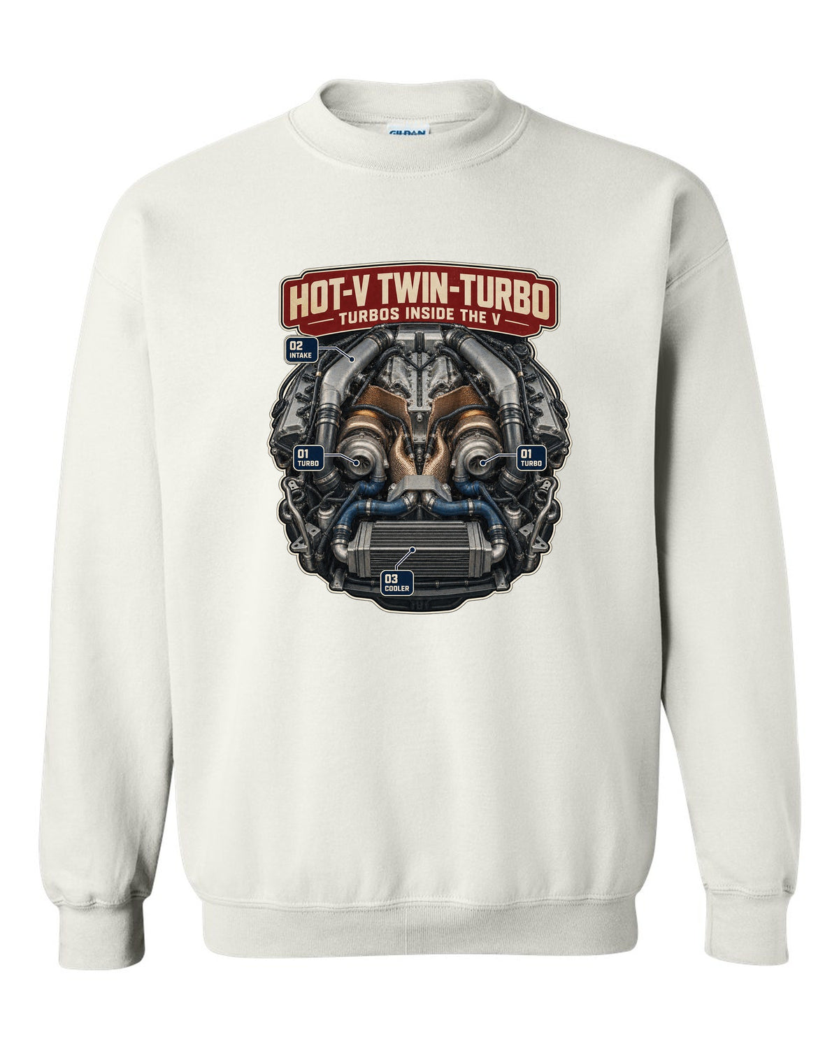 Engine poster of the Audi RS6 Avant C8 twin-turbo V8 with turbos inside the V white crewneck front view with the design