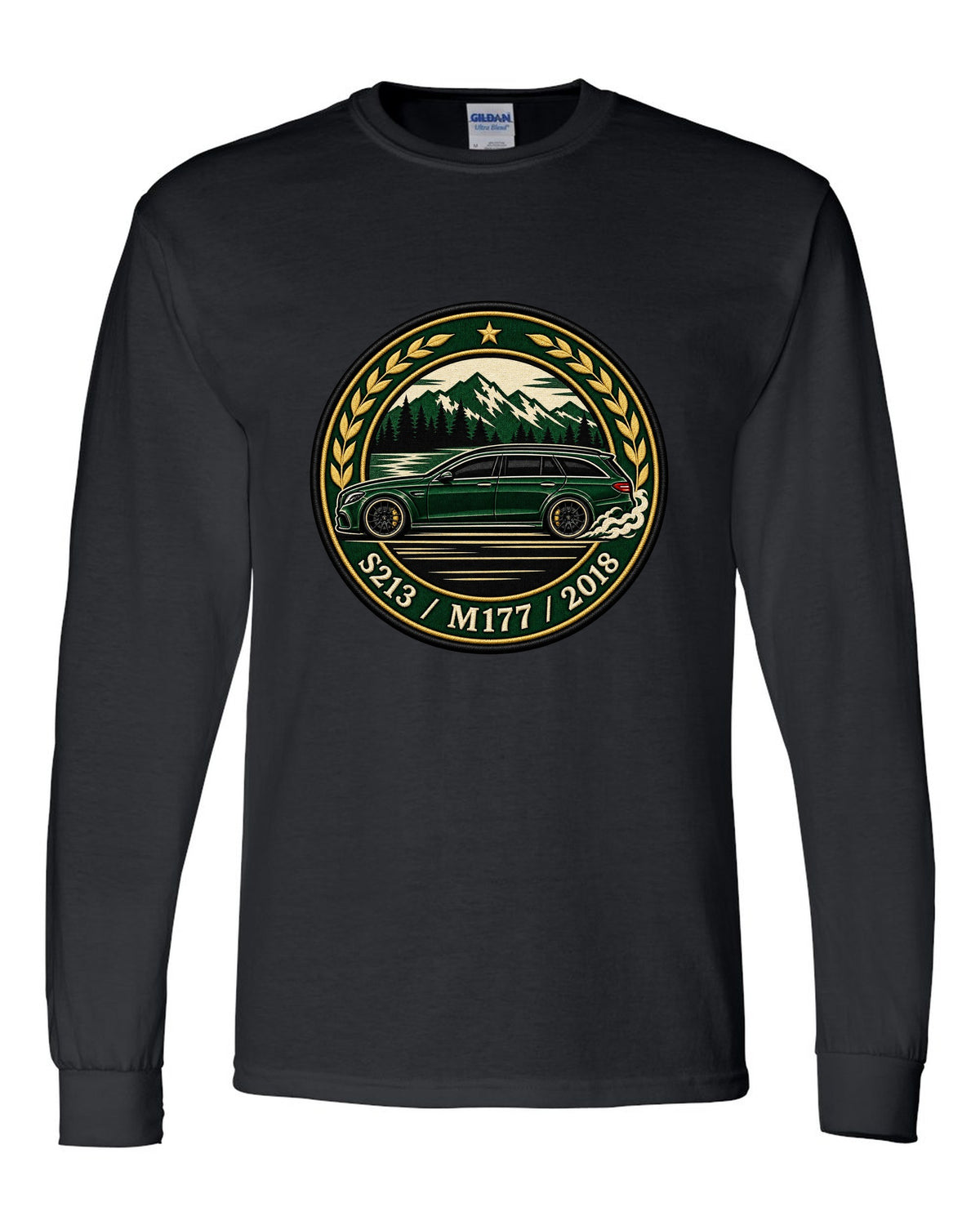 Embroidery-style varsity crest of a Mercedes E63 AMG Wagon S213 with M177 black long sleeve front view with the design
